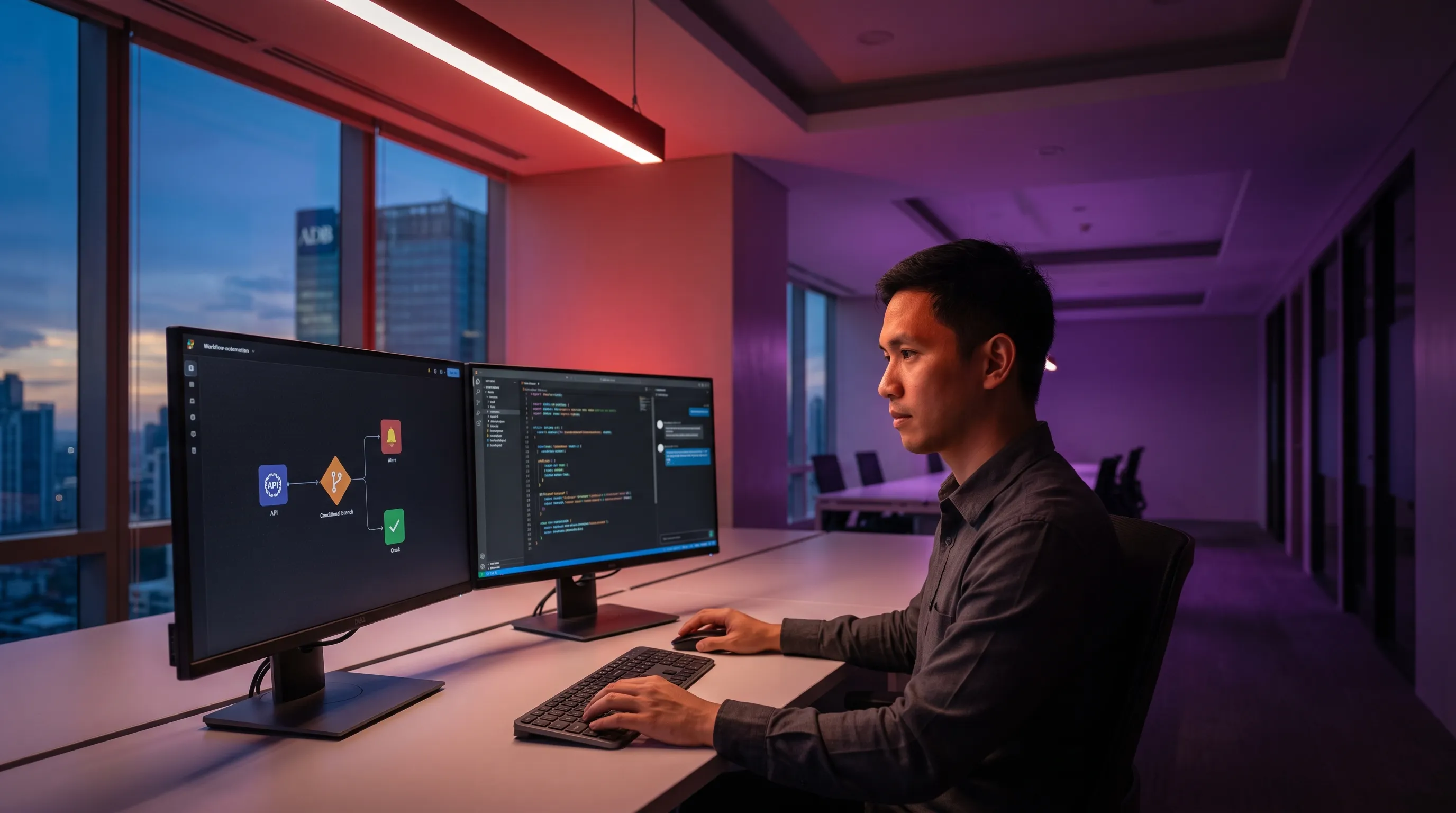 AI automation specialist working across a workflow builder and code editor — hire an AI automation specialist in 2026