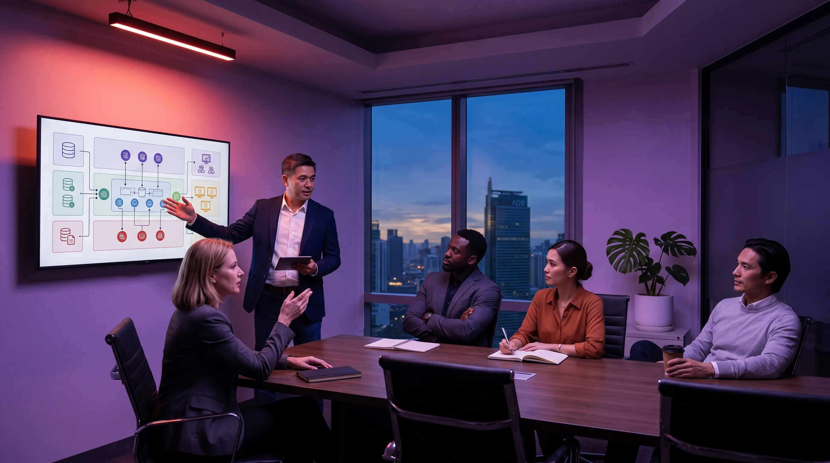 AI solutions architect presenting a system blueprint to client reps in a conference room — hire an AI solutions architect in 2026