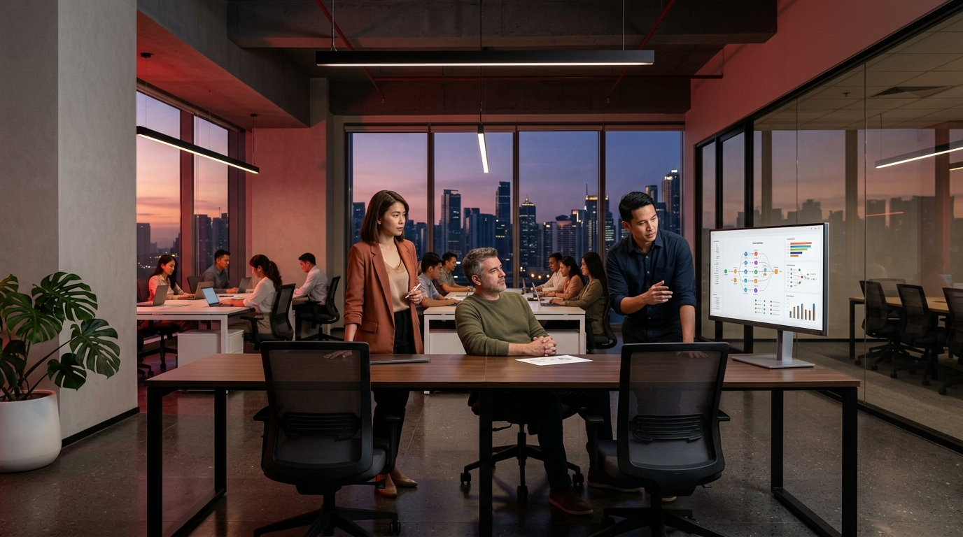 Data engineering team collaborating in a modern office at dusk with a city skyline in the background.