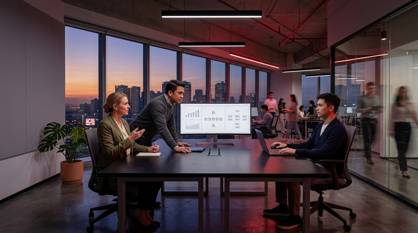 An Ortigas, Metro Manila DevOps operations center at night, where three diverse IT professionals gather around a curved monitor analyzing abstract cloud infrastructure and CI/CD pipeline diagrams.