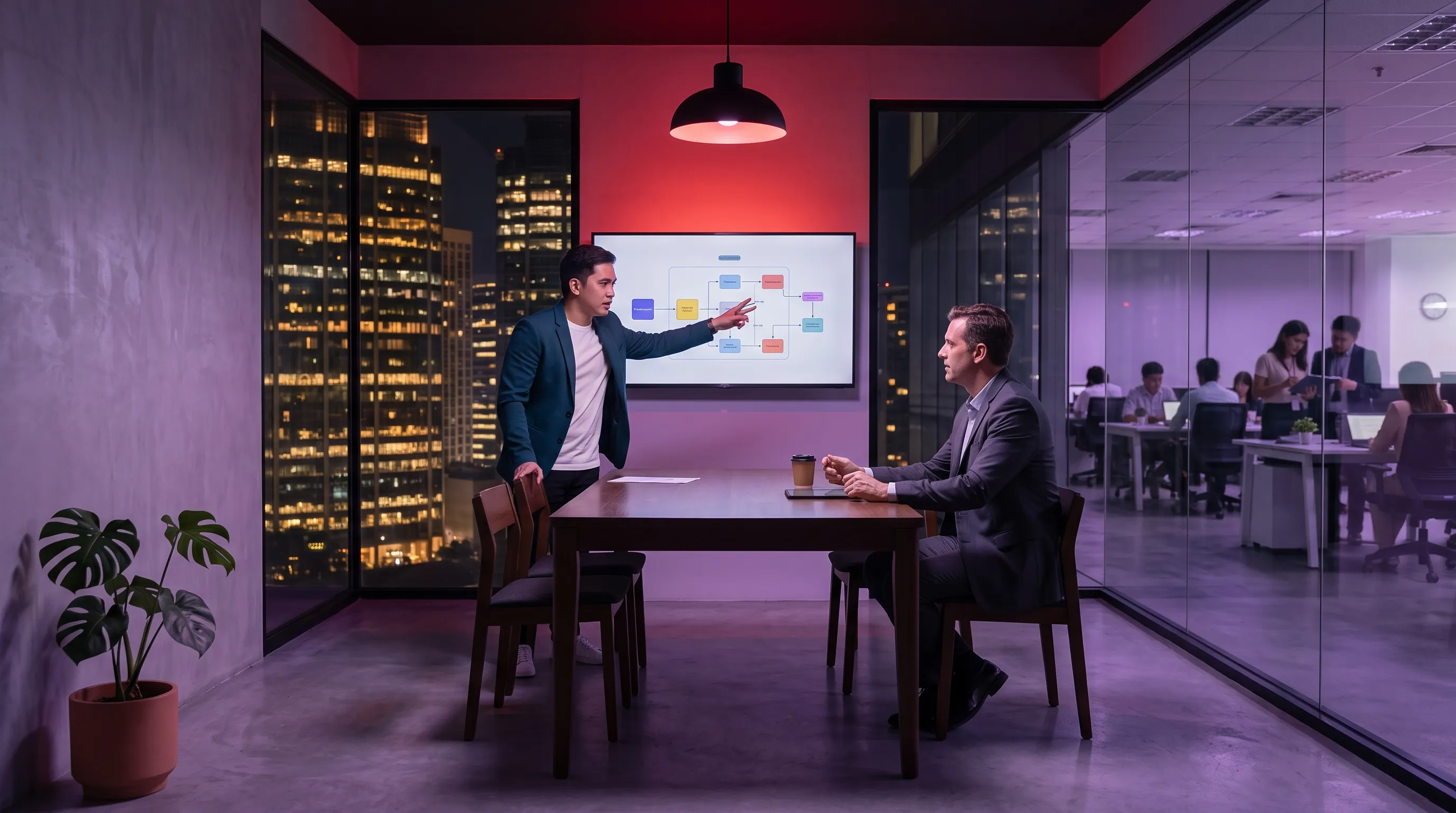 A Filipino RAG engineer and a foreign enterprise stakeholder review a retrieval-pipeline architecture diagram on a monitor in a nighttime Ortigas office, city skyline visible through the glass wall behind them - RAG development services.
