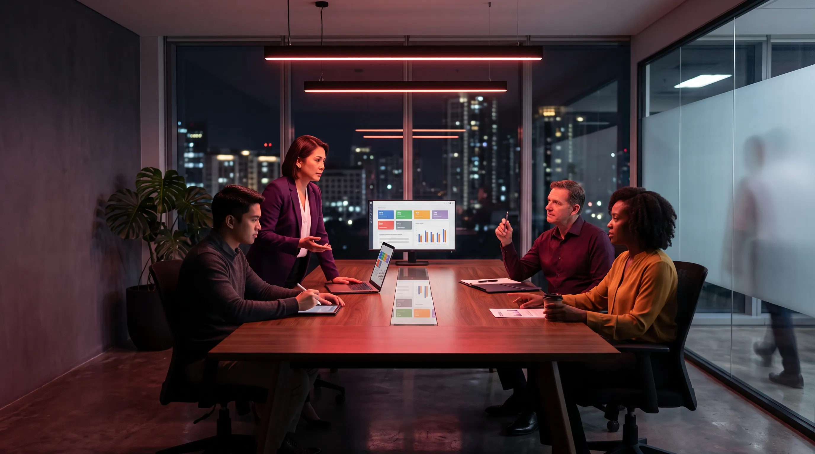 Vendor lead in an aubergine blazer pitches AI agent development services to two clients in a BGC boardroom at night, with a laptop dashboard on the table and the Fort skyline visible through floor-to-ceiling glass.