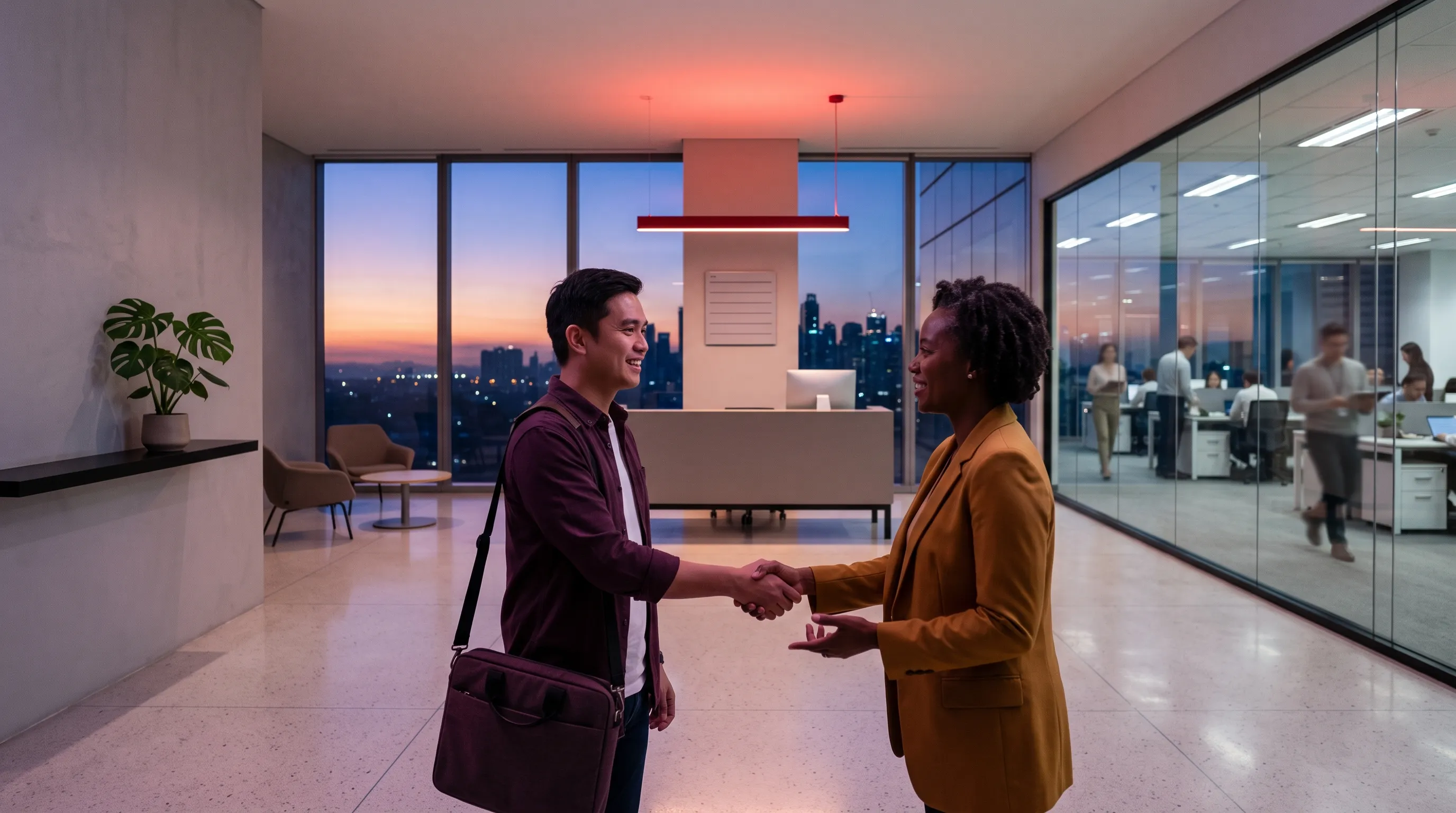 AI agent developer in a plum shirt shakes hands with his new hiring manager in mustard blazer at a BGC office reception during dusk, with the Manila skyline and open work floor visible behind them.