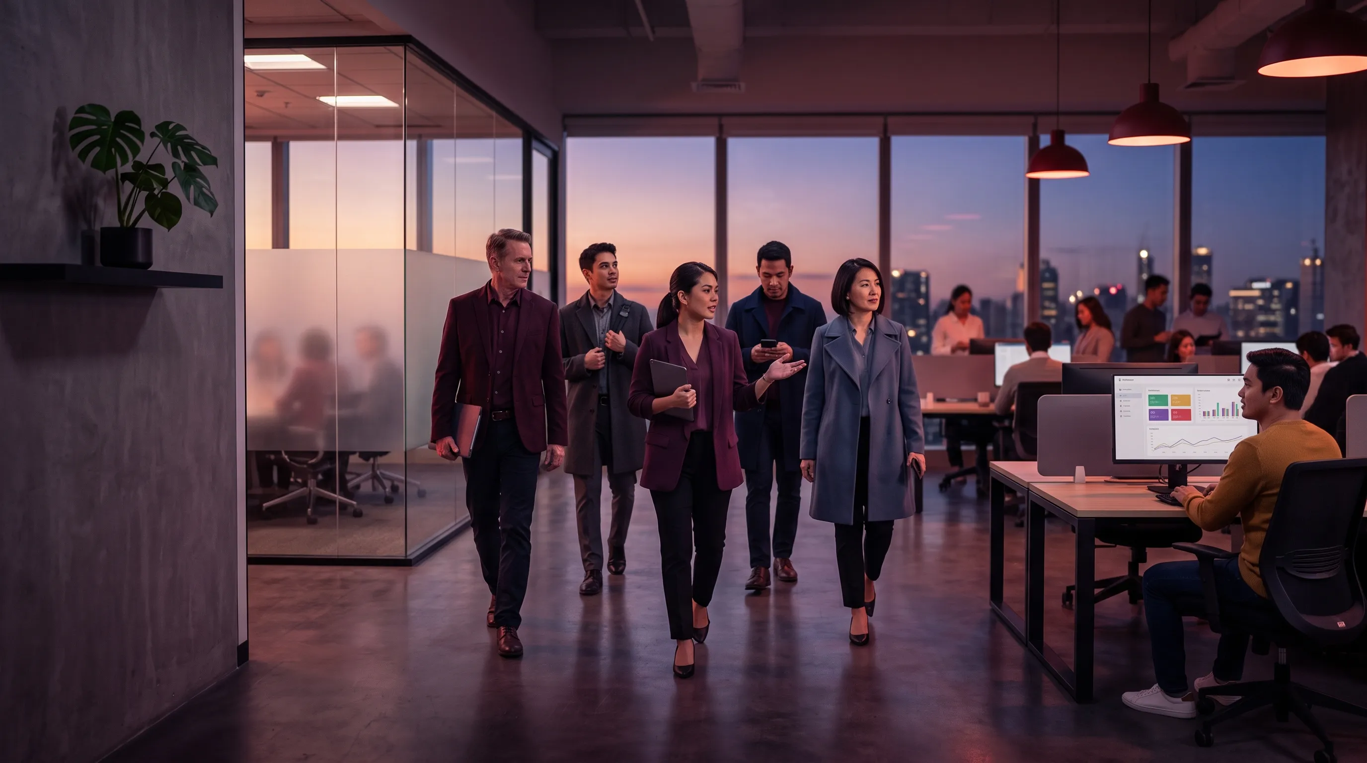 Five colleagues walk in a diamond formation through a dusk-lit AI agent developer company office toward a glass-walled meeting room, city skyline visible through the windows behind them.