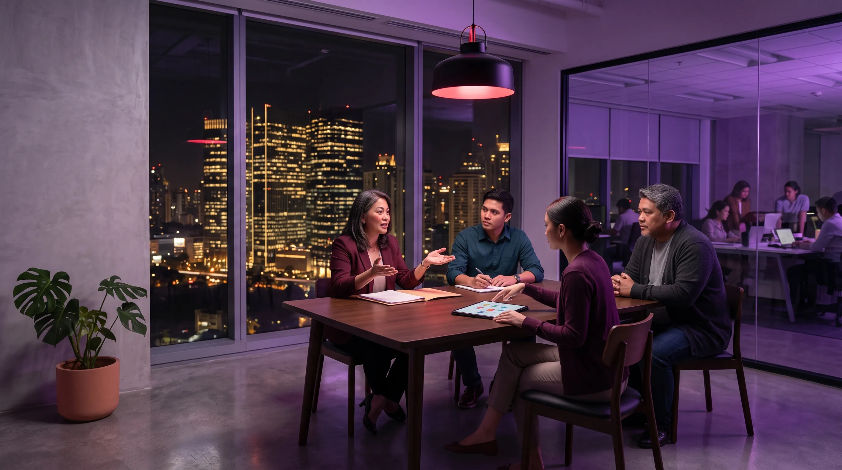 A manager meets with a Prompt Engineers: Generative AI Engineer, an AI Engineer, and an AI Agent Developer around a conference table in a night-lit Ortigas office, city skyline visible through the glass behind them.