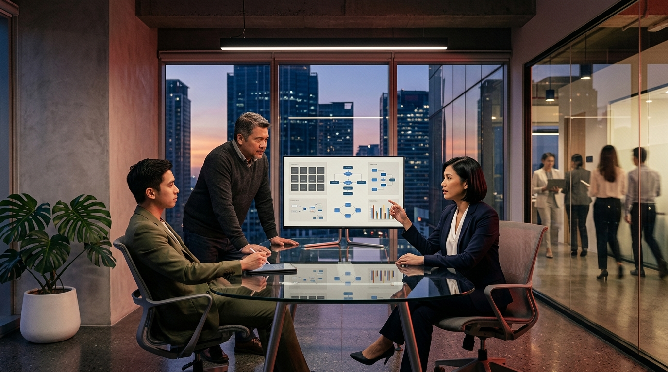 Three corporate consultants discuss a machine learning project roadmap displayed on a central monitor inside a high-rise office overlooking the Ortigas skyline during dusk. The team reviews data architecture diagrams in a modern consulting suite in Metro Manila.