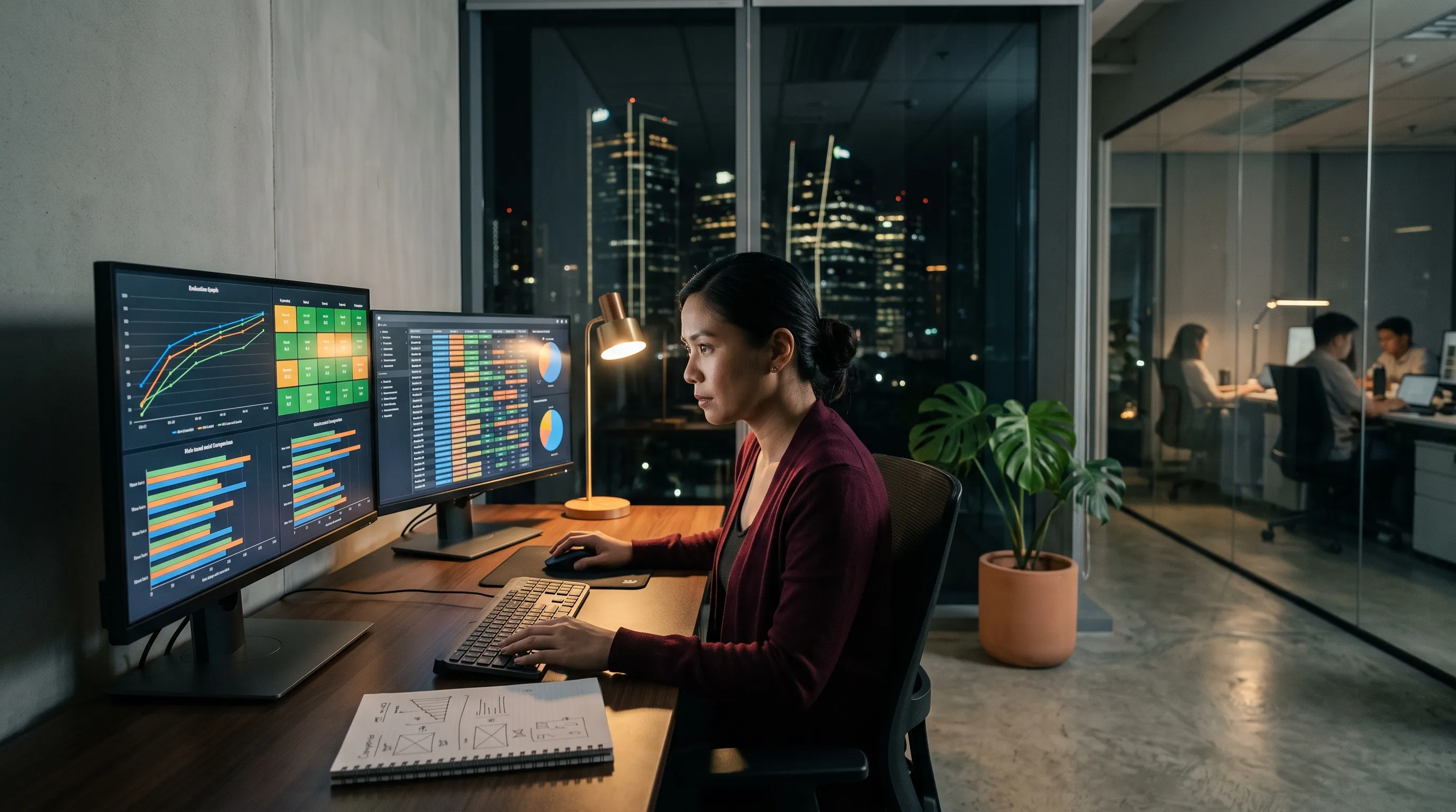 A GenAI engineer compares detailed before-and-after fine-tuning evaluation dashboards on dual monitors at a window-side desk in a dimly lit Ortigas office at night, city skyline visible behind her.