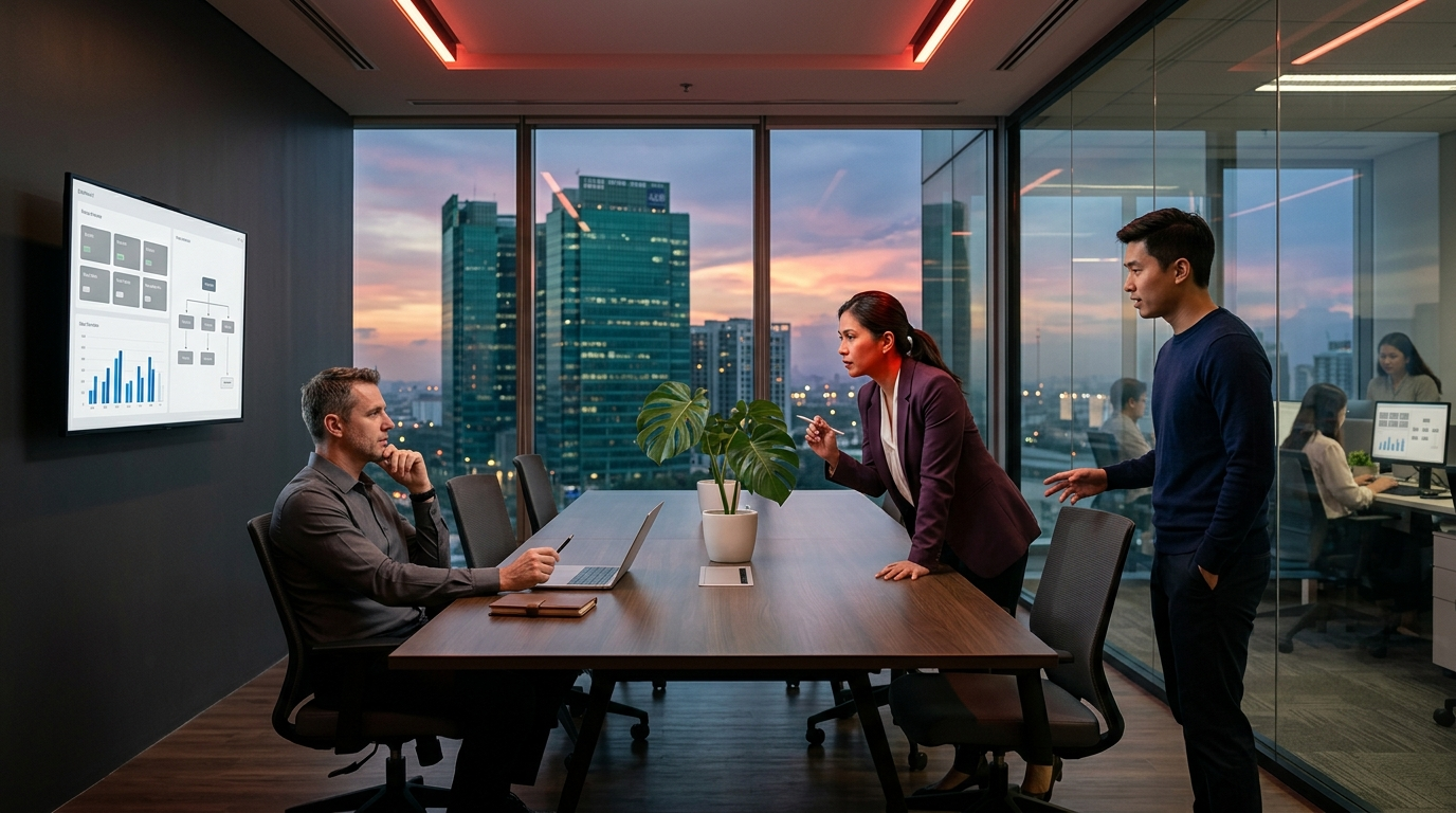 A collaborative red-teaming session in a Manila boardroom at dusk. A Filipina AI strategy lead in a plum blazer, a male executive, and a developer analyze a complex performance dashboard on a wall monitor, overlooking the Ortigas business district skyline, while determining optimal AI consulting models and associated costs.