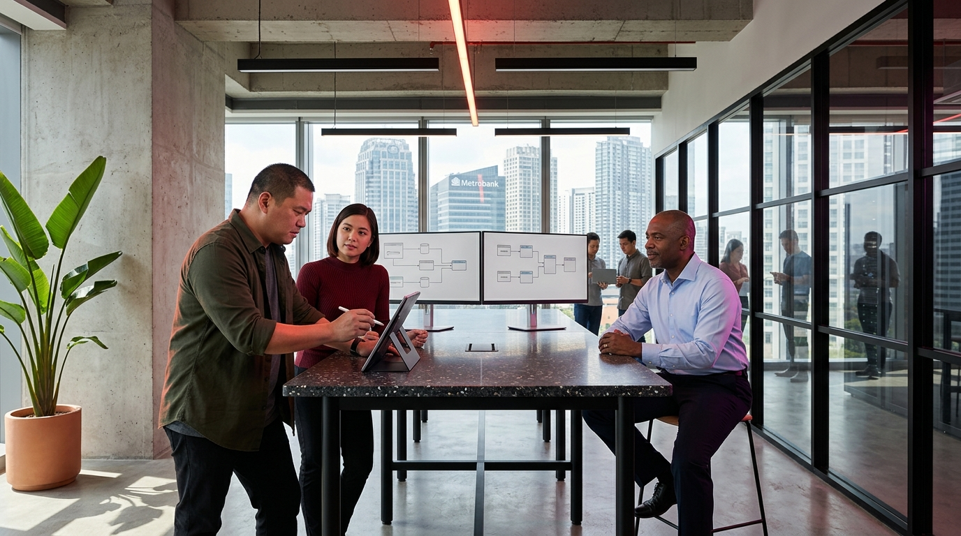 A team of engineering leaders, including a Filipino systems architect and a Wasian data engineer, collaborate on complex technical diagrams at a terrazzo standing desk in a modern Manila high-rise office. With the Bonifacio Global City skyline and Metrobank Center visible in the background, this photo represents the key talent involved in balancing engineering services costs for local RAG builds.