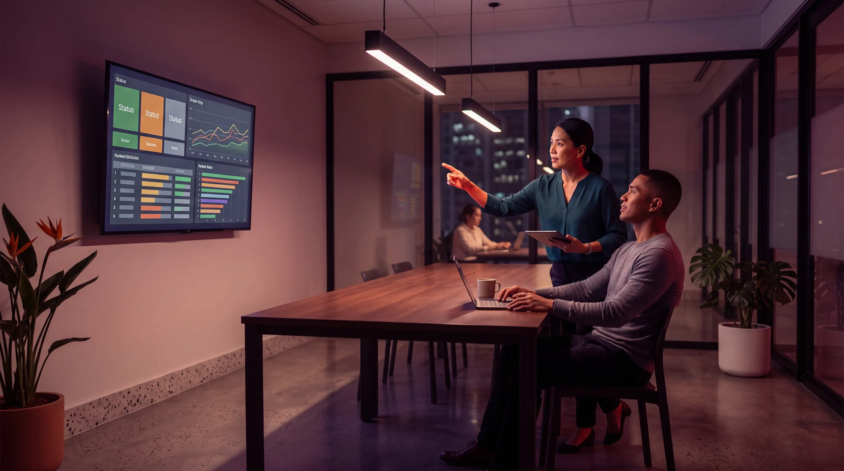 A specialist points to data on a conference room screen while a colleague reviews it on a laptop in a dim Ortigas office at night.