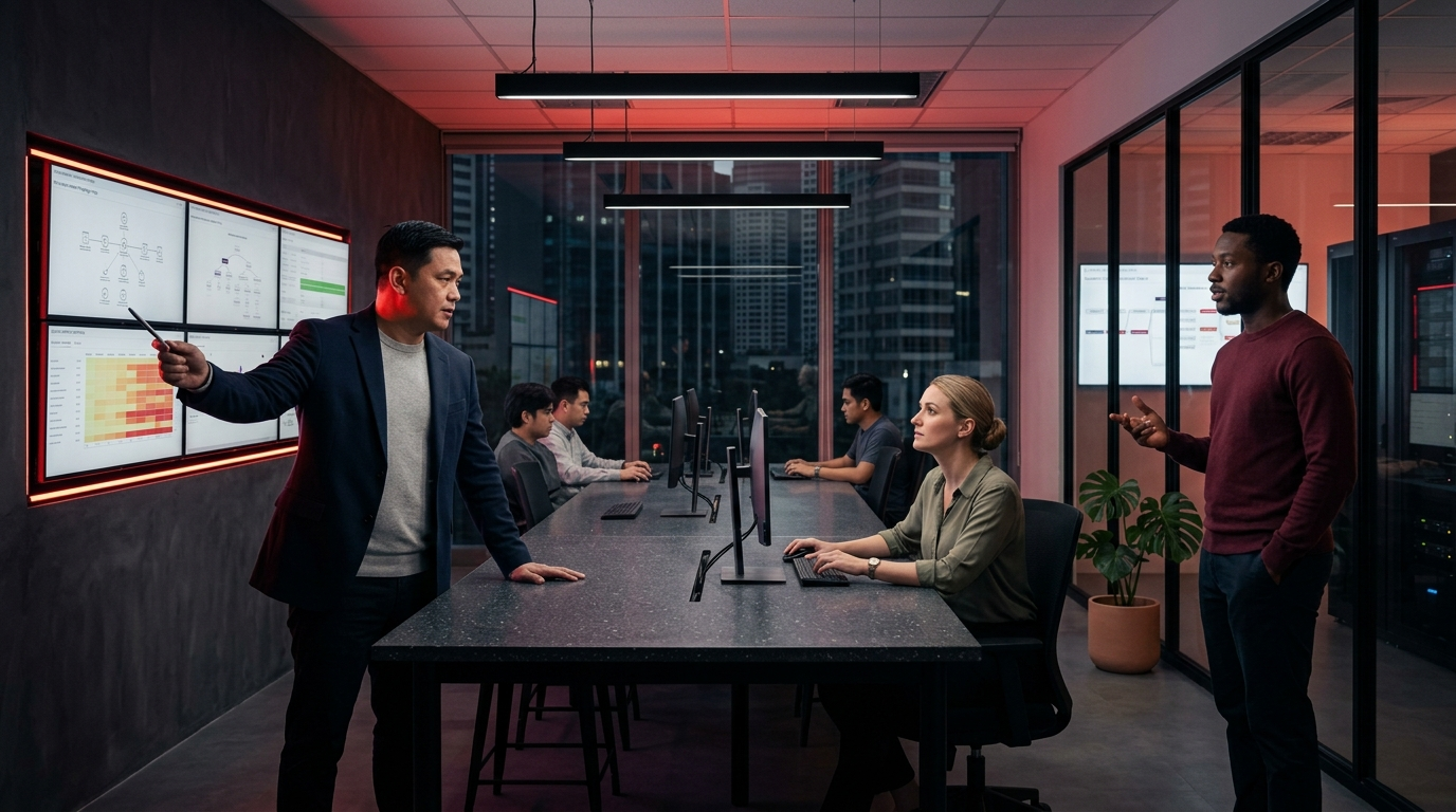 A Filipino infrastructure consultant points to a large, wall-mounted telemetry display while discussing data with a seated female lead and a gesturing male analyst. They are in a modern, glass-walled IT operations command center at night overlooking a high-rise city skyline, with other engineers working in the background.