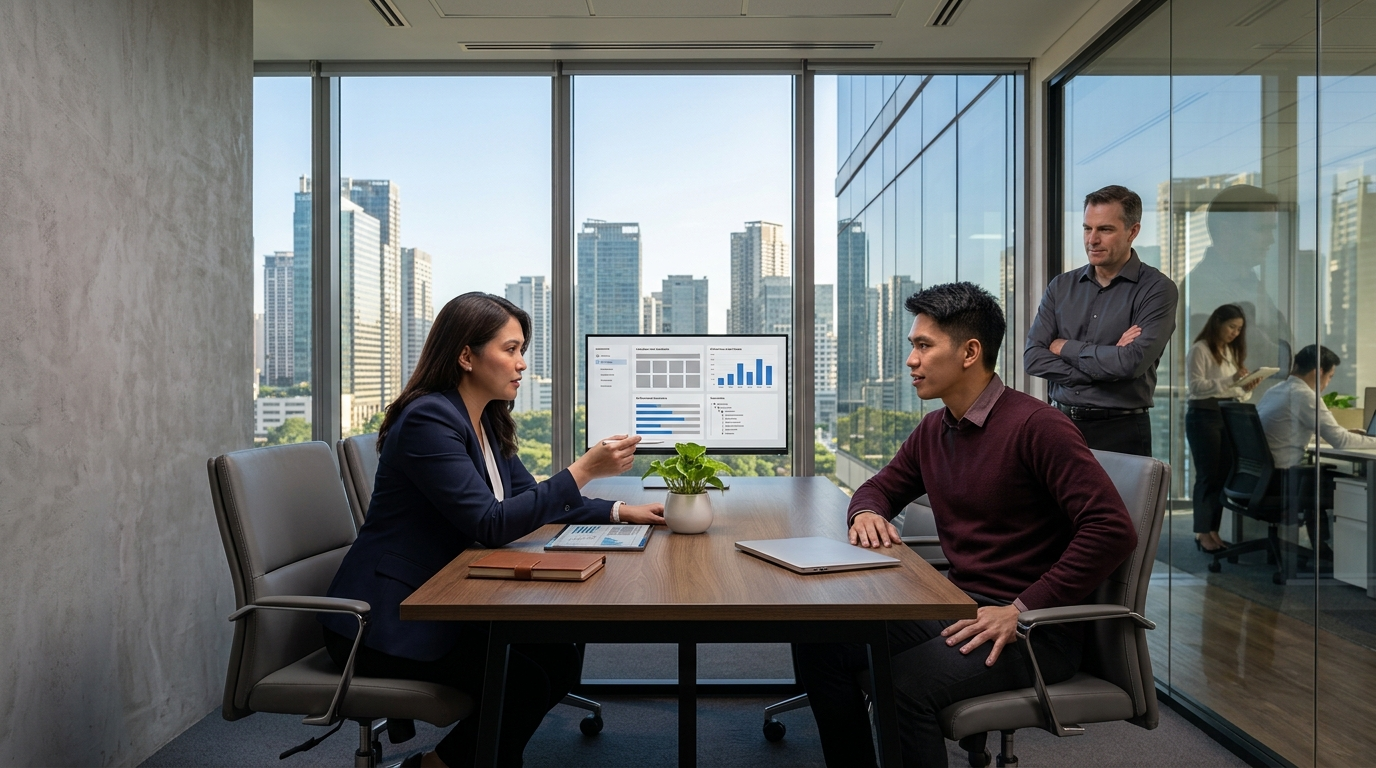 A hiring manager and an engineer vet a software developer candidate's portfolio during an interview in a modern office.