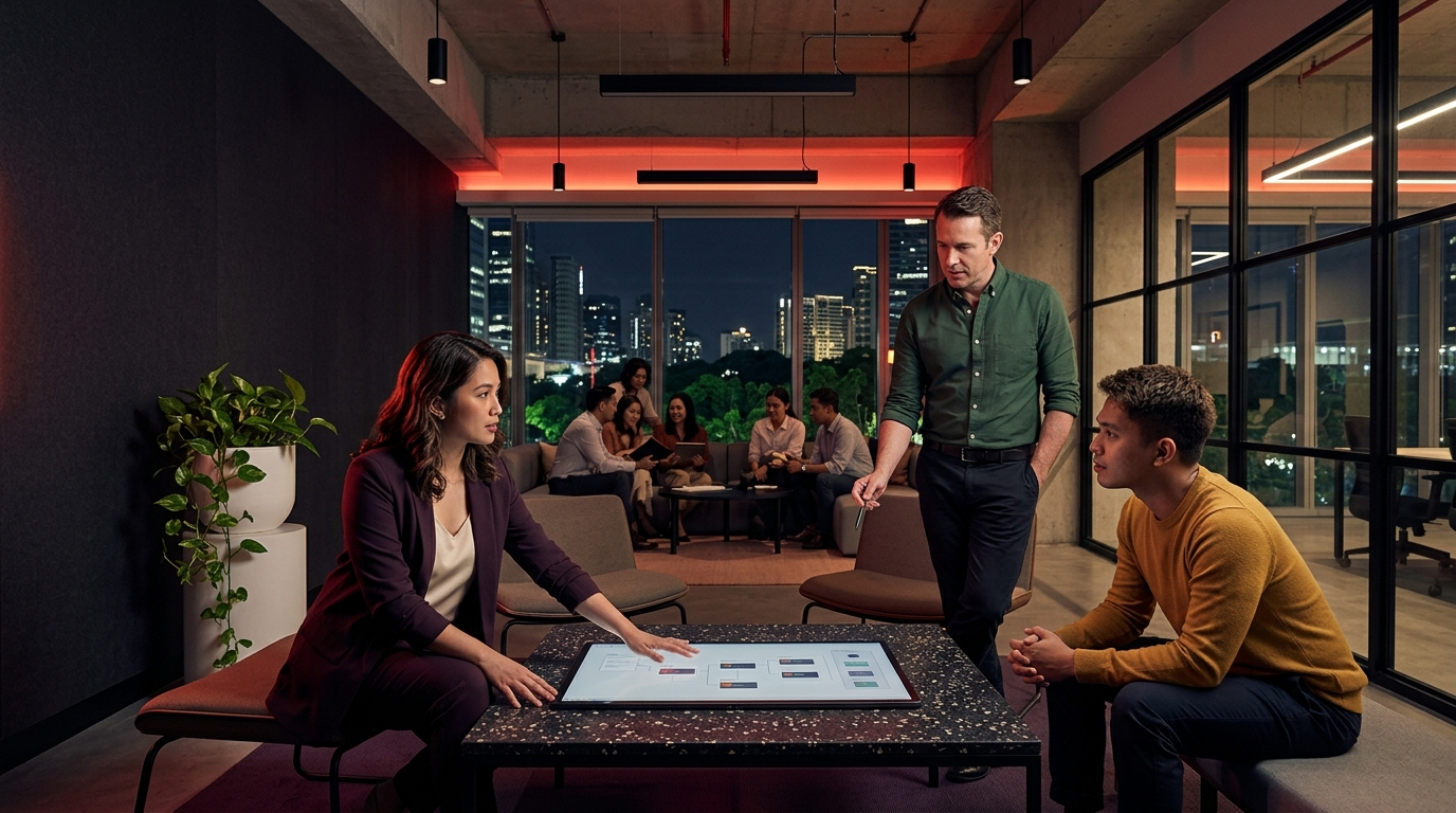 A group of three business professionals are gathered in a modern office space, discussing a presentation or concept with animated interest.