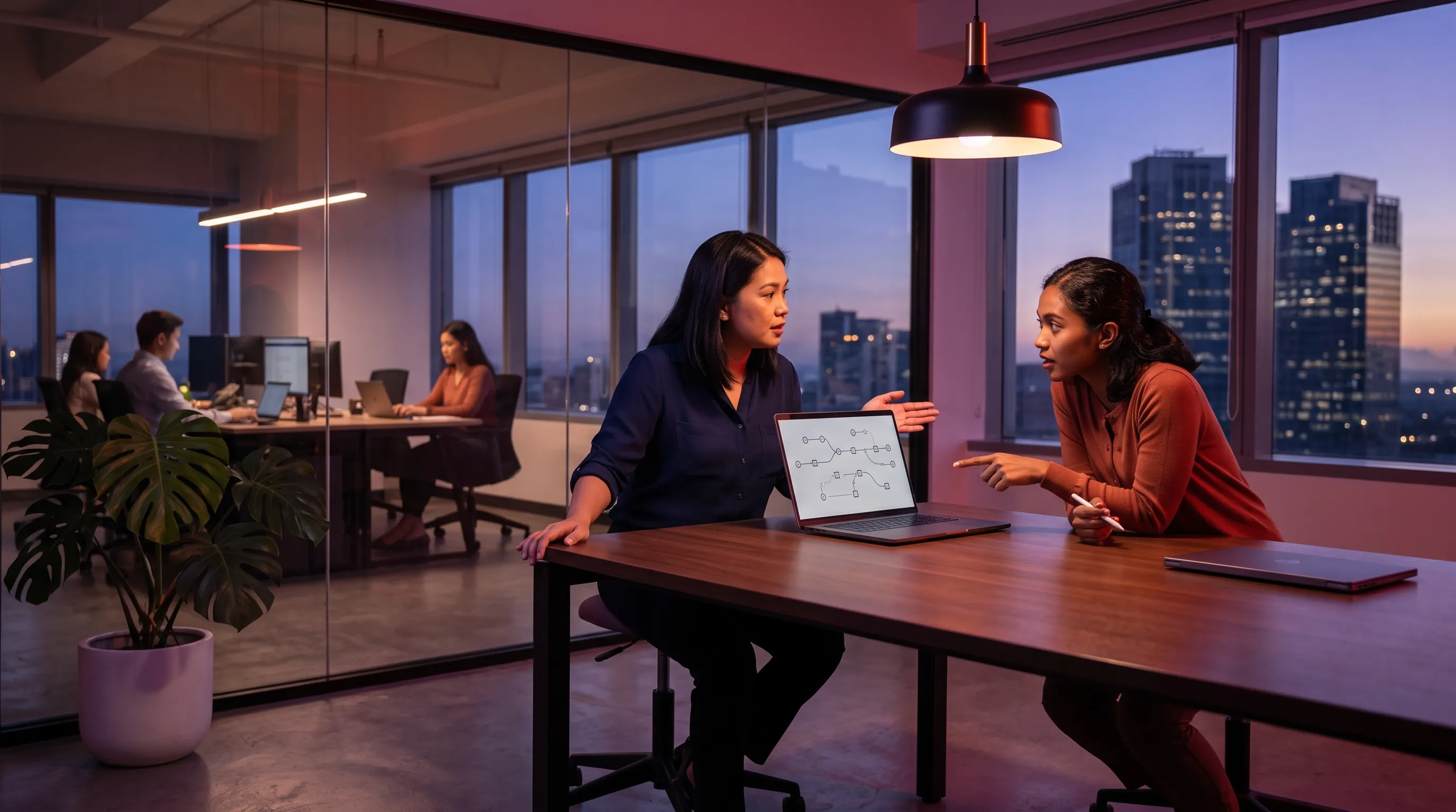 Two Filipina colleagues compare two separate laptops representing distinct AI systems at a conference table during dusk in a Manila office with warm key light and a crimson-violet ambient grade.
