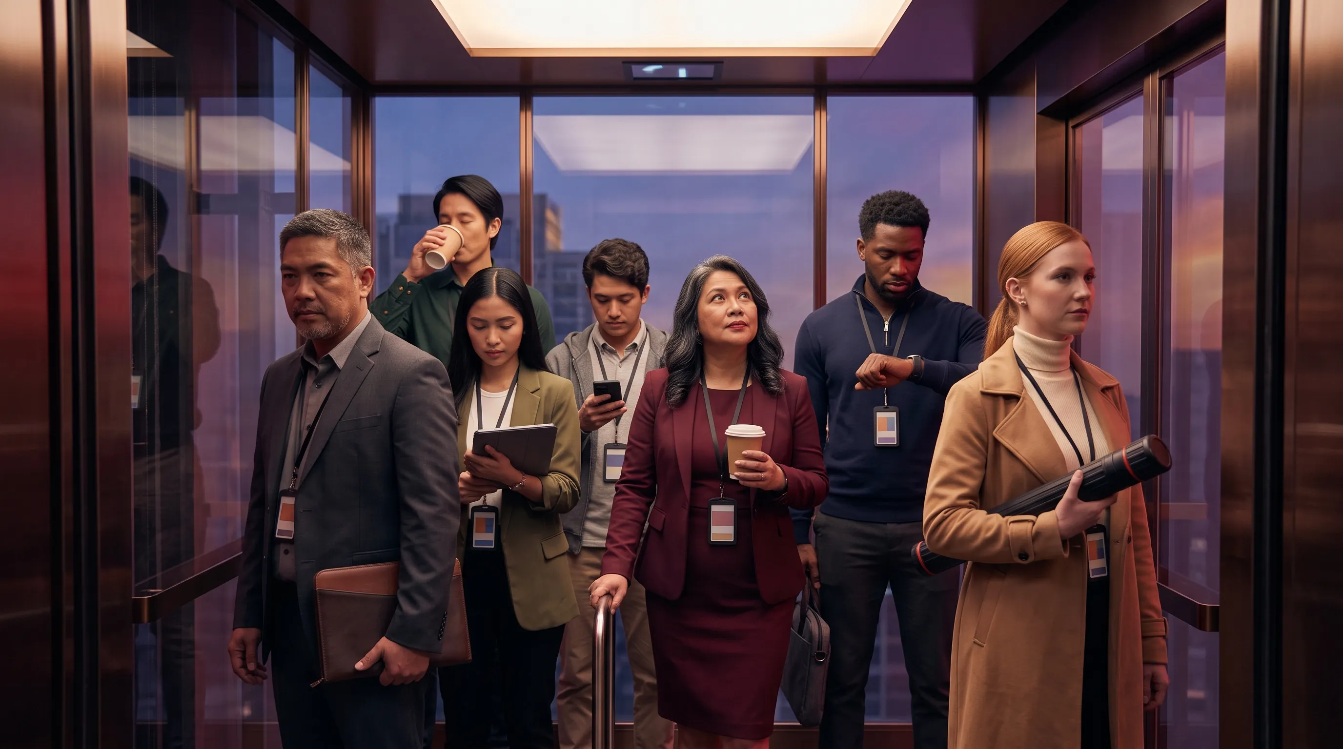 Seven professionals from different companies stand closely together inside a glass-walled elevator car in a Manila office tower, one glancing up to check the floor display as the car moves.
