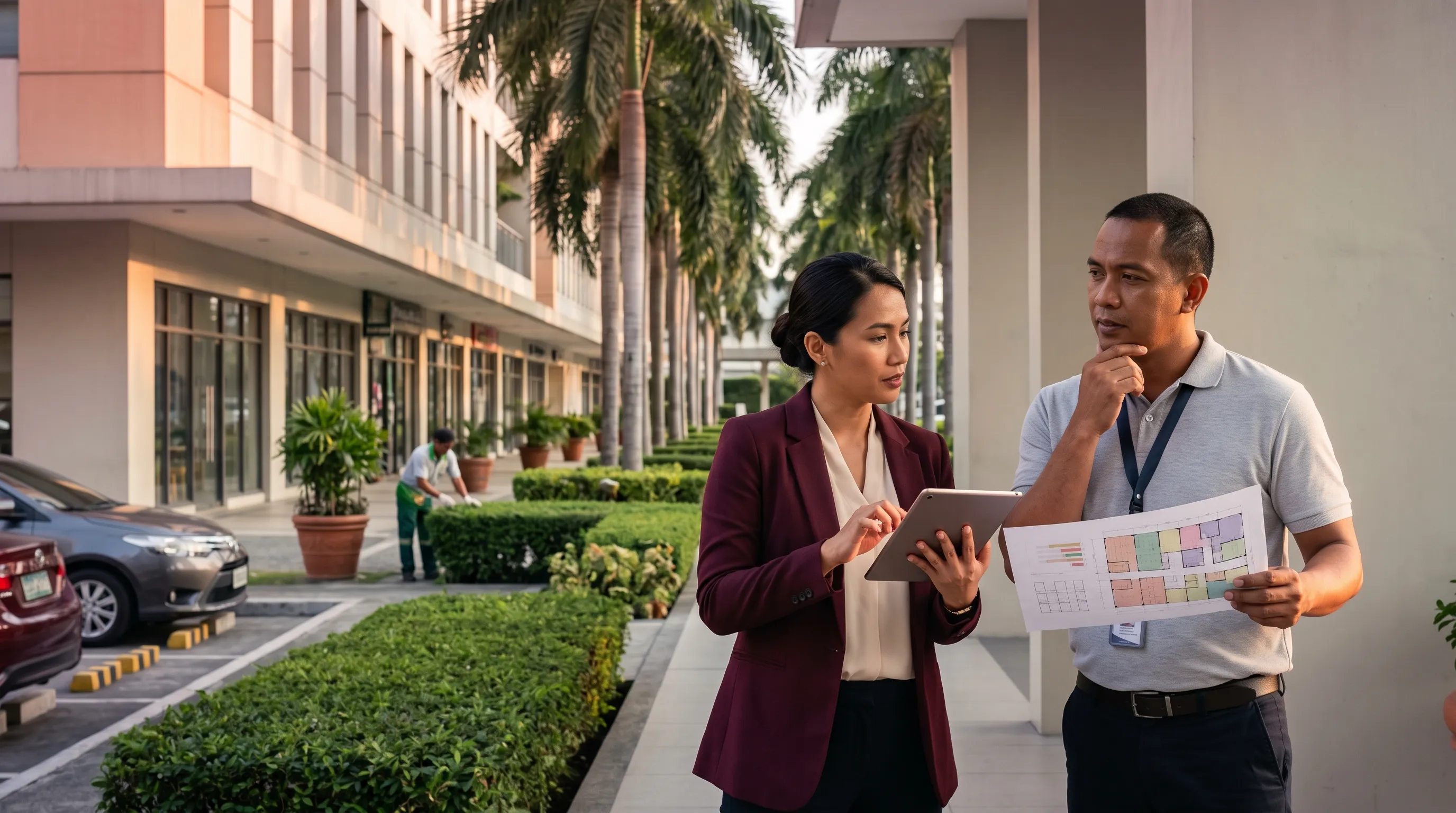 A property accountant reviews financial data on a tablet while a property manager points out a building detail during a late-afternoon site visit at a Manila commercial property, with a subtle crimson-and-violet cinematic accent.