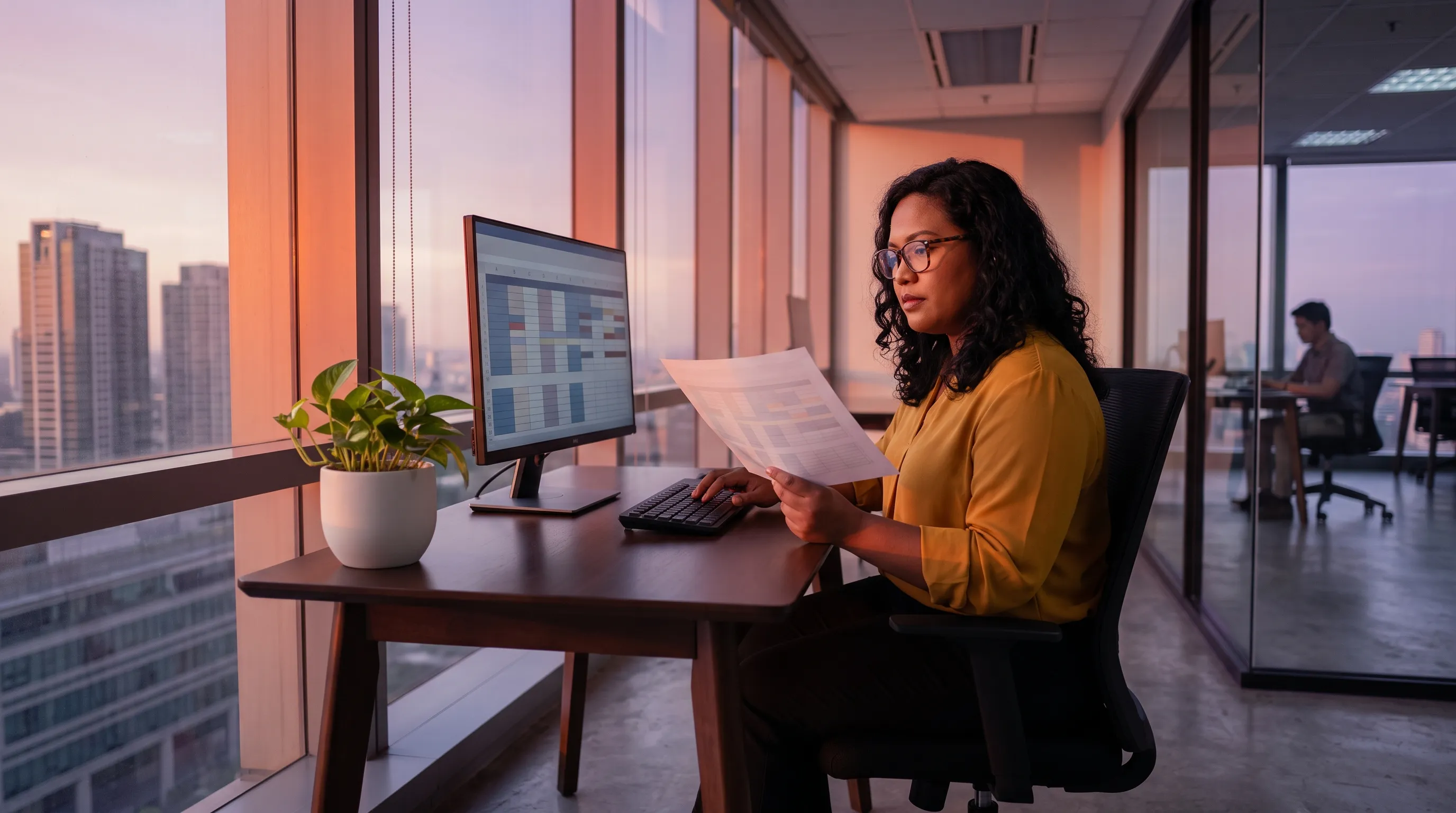 A data entry assistant cross-references a printed document against a spreadsheet on her monitor at a desk in a Manila office in the late afternoon, with a visible crimson-and-violet cinematic sky and highlights.