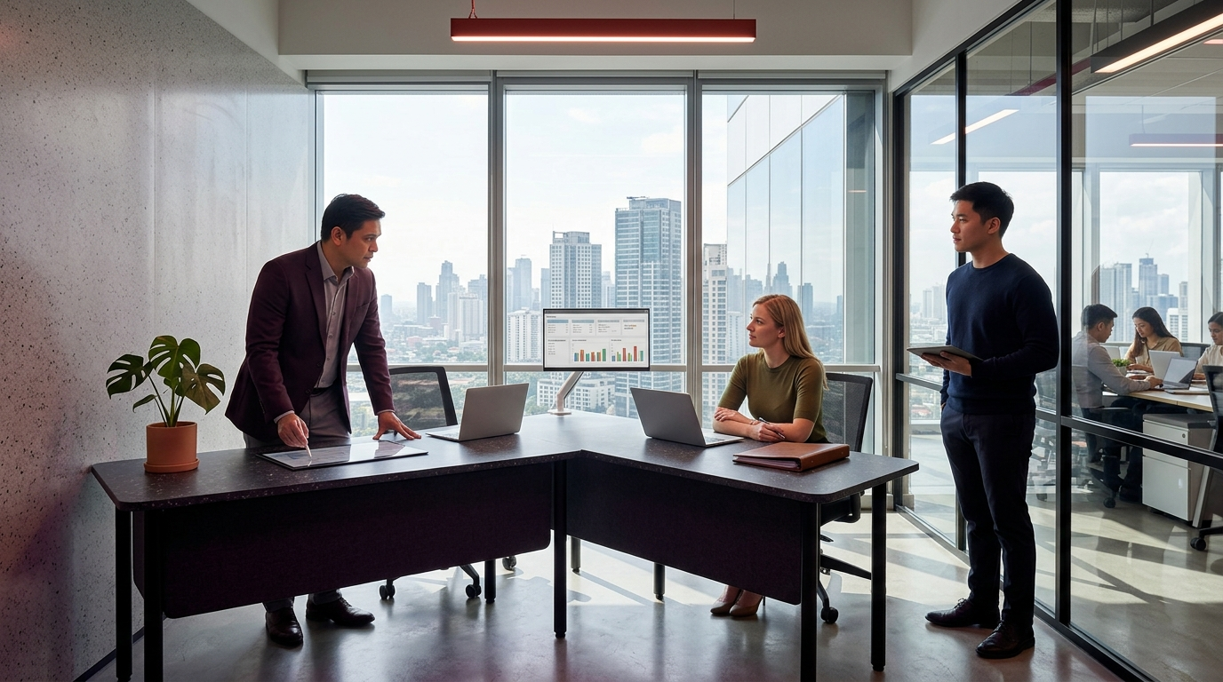 A group of diverse professionals having a business discussion in a high-rise bookkeeping company meeting room in Pasig, Metro Manila, Philippines.