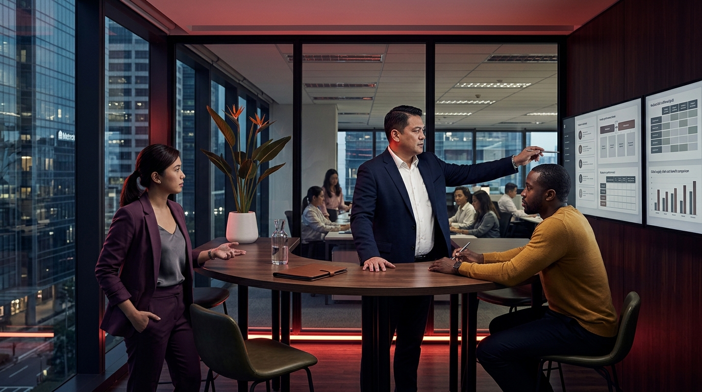 A group of business professionals are gathered around a meeting table in a modern city office to discuss the advantages of procurement outsourcing. One man is pointing to a chart while another employee listens intently.
