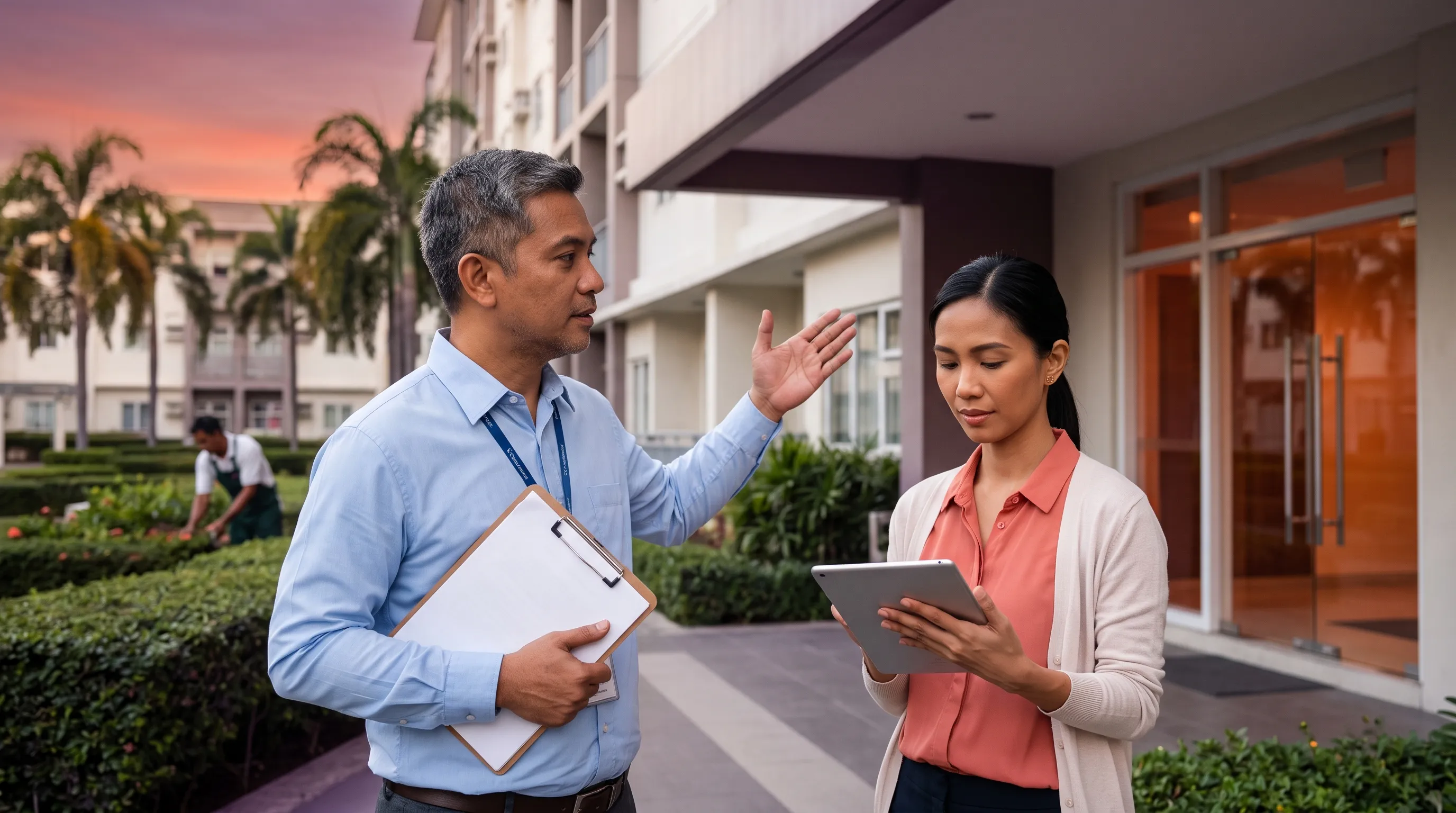 A property manager gestures toward a building facade while a colleague reviews notes on a tablet outside a well-maintained Manila property in the late afternoon.