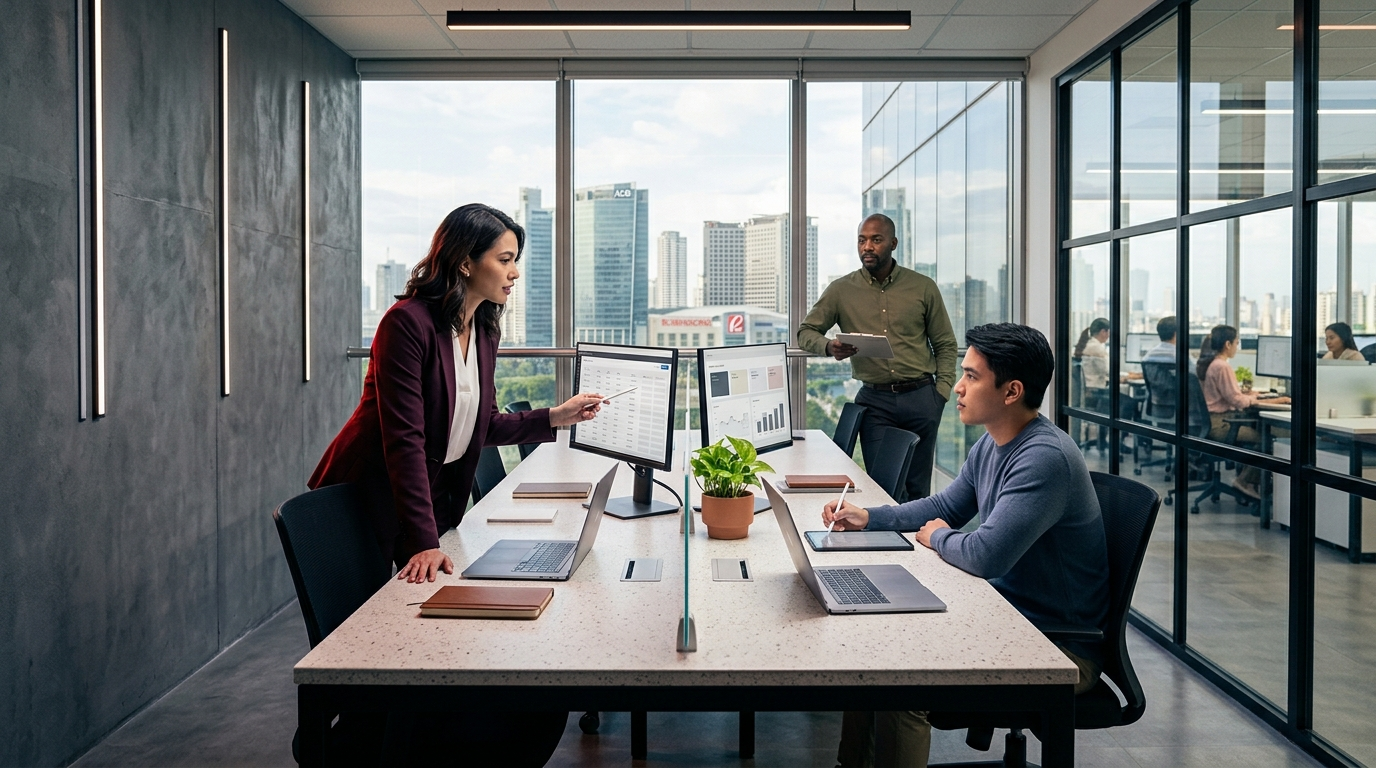 A group of remote operational specialists and a trainer reviewing data validation workflows on digital monitors inside an Ortigas high-rise office in Metro Manila, highlighting remote data entry jobs.