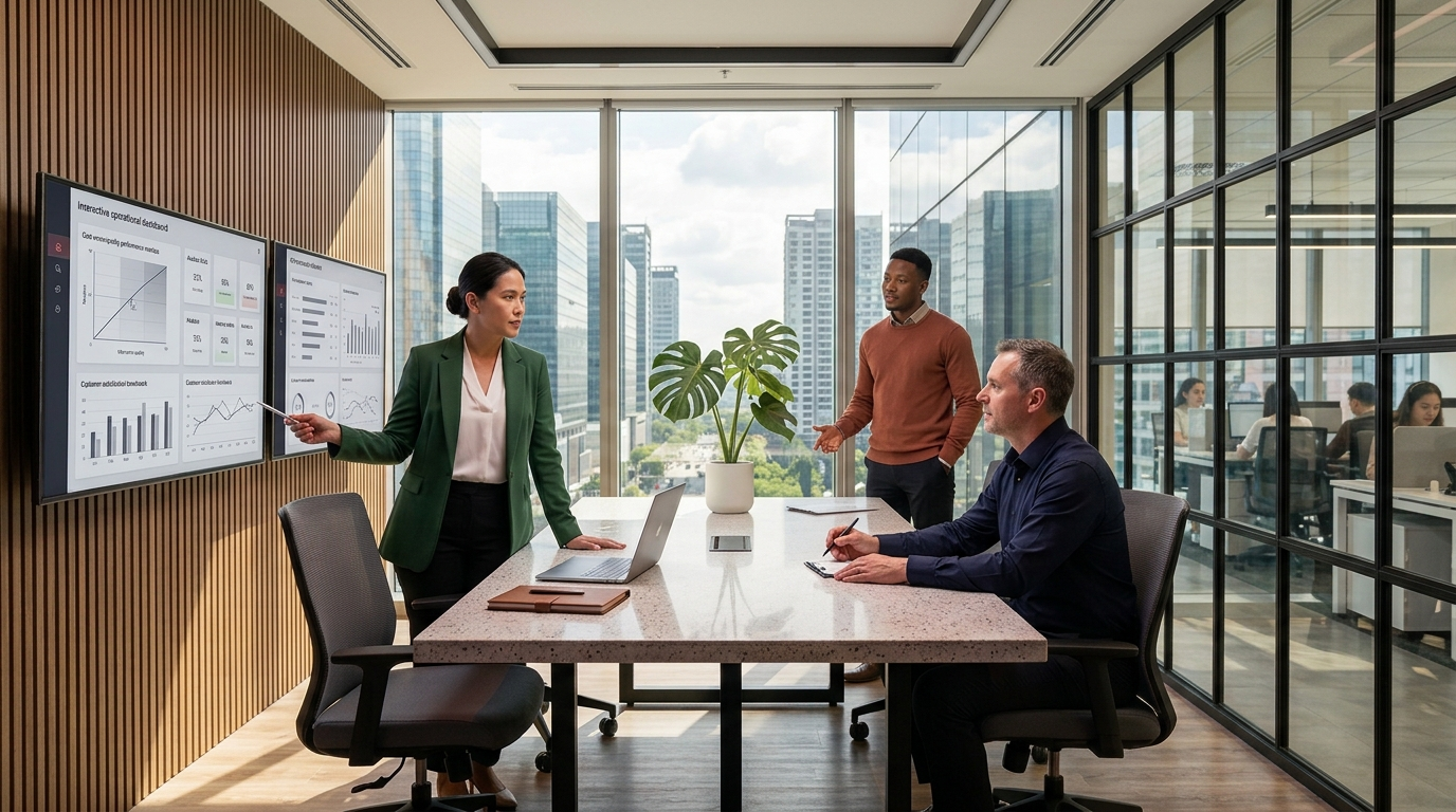 A group of operations executives and BPO directors evaluating performance analytics and service quality metrics inside a BGC high-rise office in Metro Manila, discussing call center outsourcing.