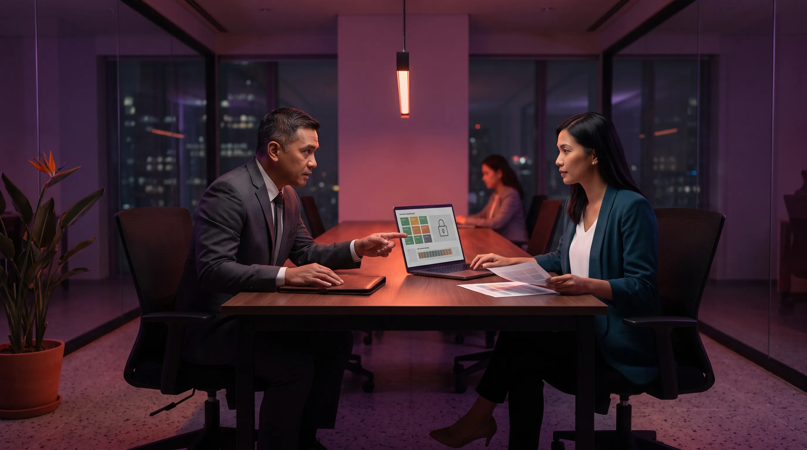 A cloud service provider presents a data security overview to a bank representative across a conference table in a Manila office at night.