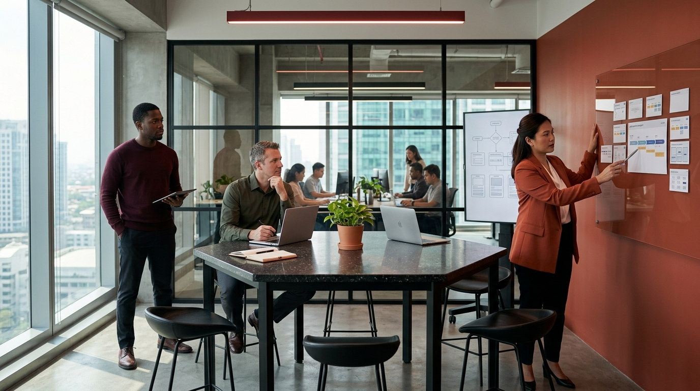 A diverse team of web development specialists and project managers reviewing a site architecture blueprint and user journey workflow diagram in an Ortigas project war room in Metro Manila, highlighting website development outsourcing.