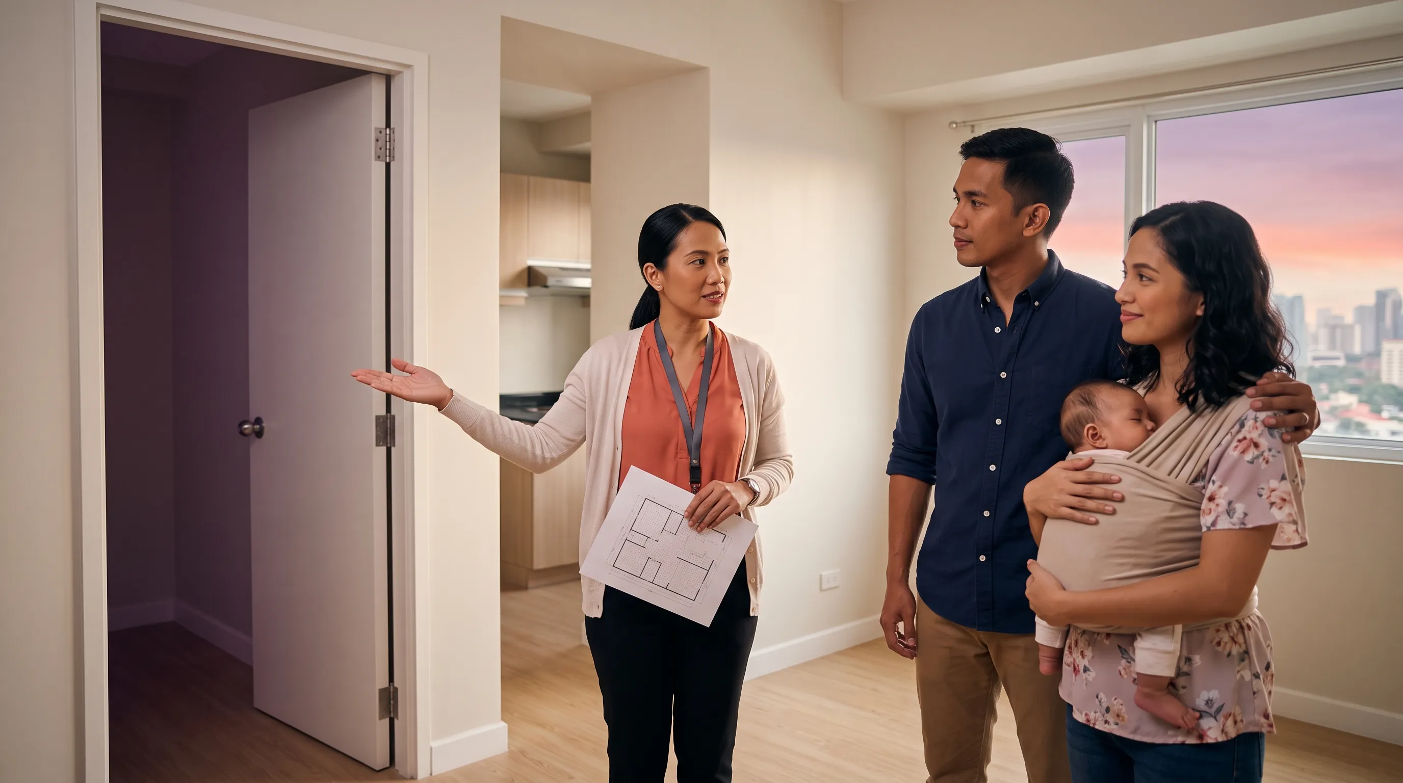 A property manager shows a young family — a couple and their baby — around the layout of a bright, move-in-ready apartment unit in a Manila condo building during late afternoon.