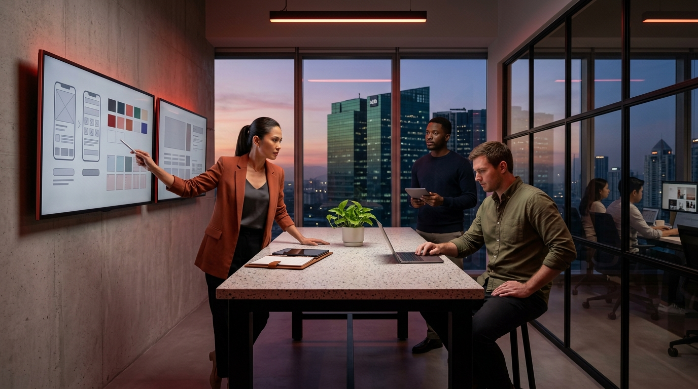 A group of diverse digital designers, agency partners, and frontend developers collaborating on an interactive website wireframe mockup within a bright Bonifacio Global City (BGC) innovation hub in Metro Manila, highlighting the best web design development companies in the Philippines.