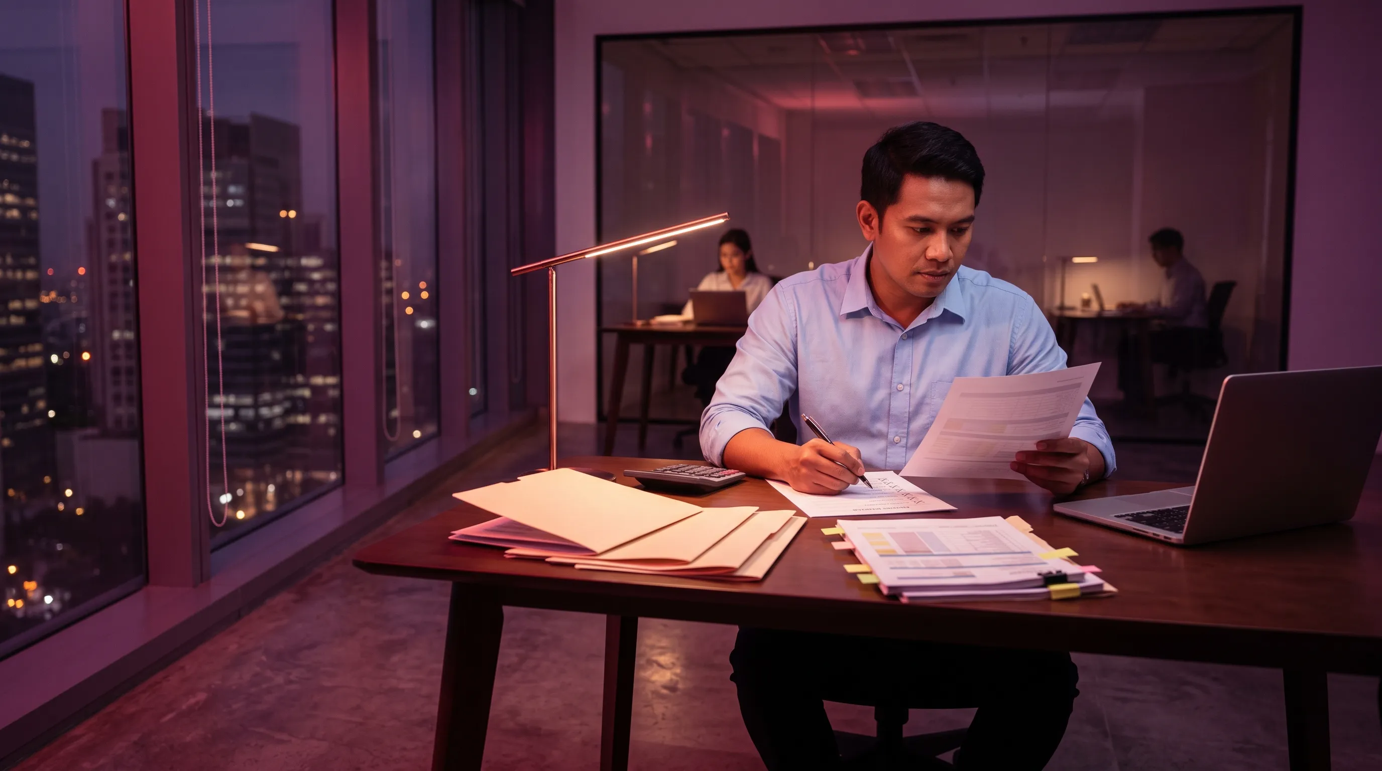 A mortgage loan processor cross-references financial documents at his desk, marking off a checklist by hand, in a dim Manila office at night.
