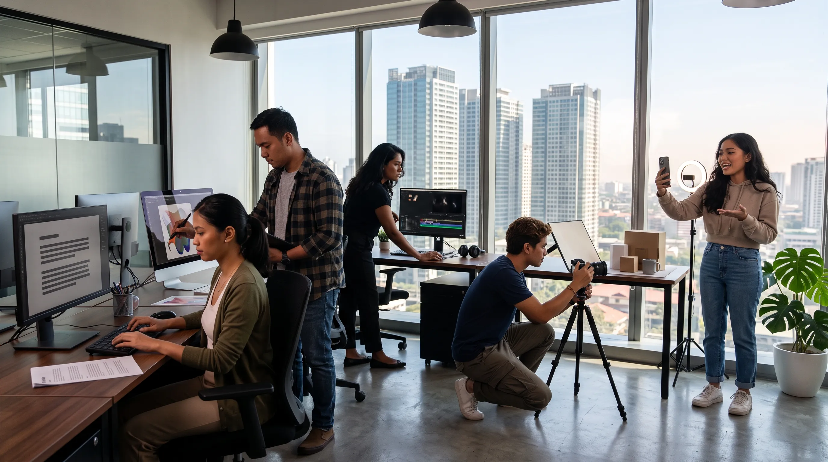 A content production team — a writer, designer, video editor, photographer, and UGC creator — each at work in a sunlit Manila studio in the afternoon, illustrating the range of content creator roles.