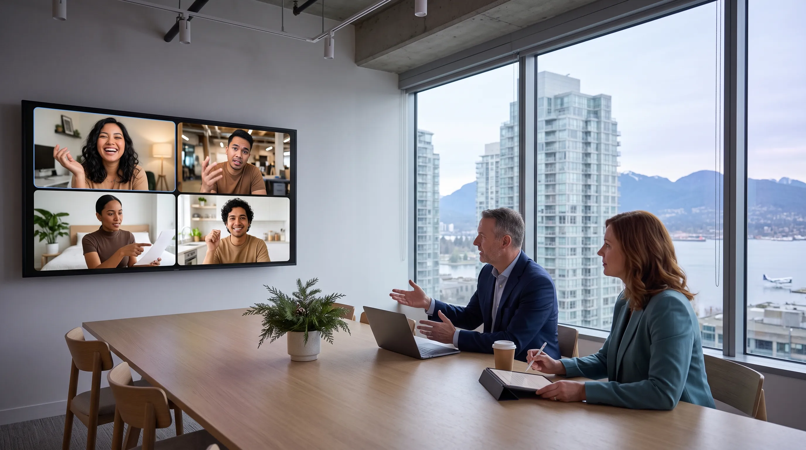 Canadian executives in a Vancouver boardroom overlooking the mountains and skyline hold a video call with four dynamic, individually distinct Filipino team members shown on a wall display.