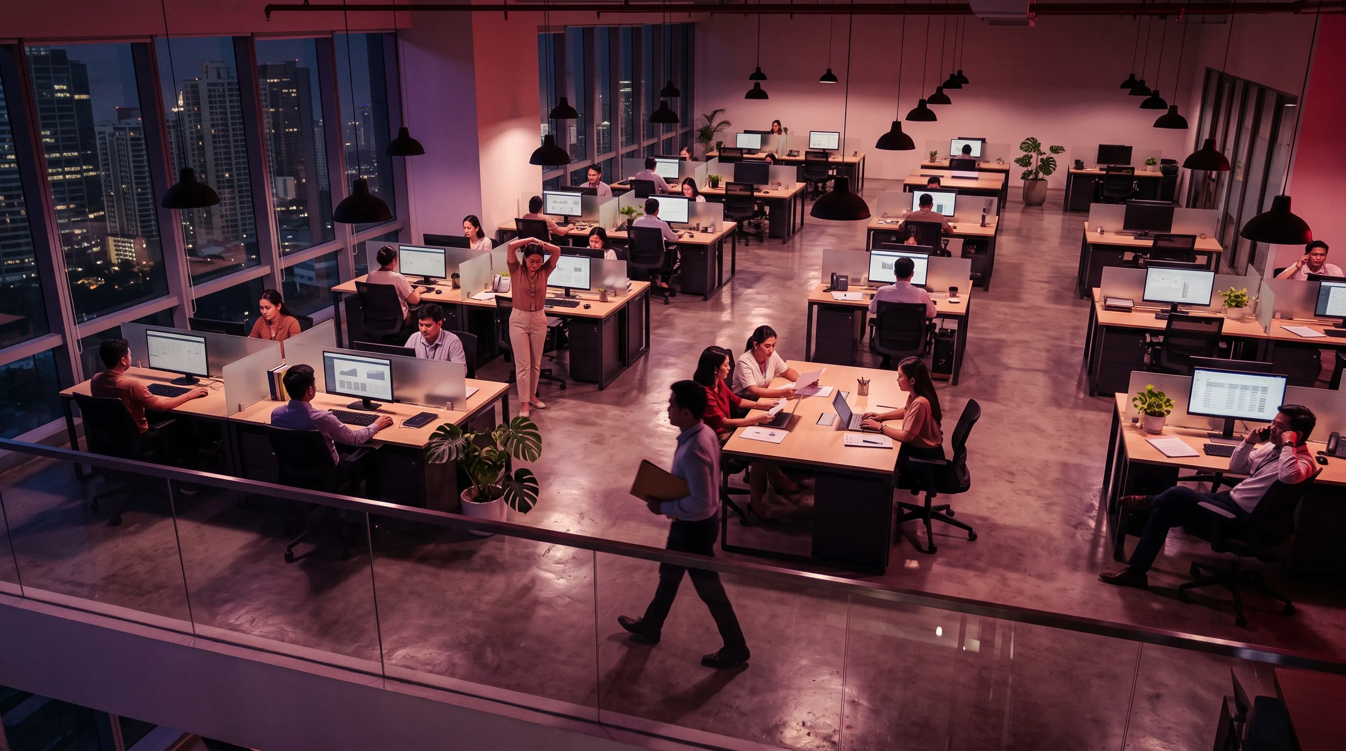 A bird's-eye view of a busy back-office floor in a Manila high-rise at night, with organized desk clusters and staff engaged in varied tasks under warm pendant lighting.