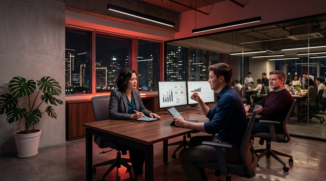 A middle-aged Filipino female executive analyzes digital metrics with a team during a strategy session, highlighting the expertise available when learning how to outsource work to the Philippines. The scene takes place at a large walnut conference table in a modern high-rise office overlooking the illuminated Metro Manila skyline at night.