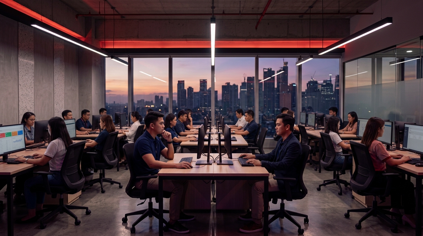 Professional customer service operations floor in an Ortigas high-rise office at dusk, featuring Filipino support professionals working at modern workstations overlooking the Manila skyline with crimson-purple cinematic lighting accents.