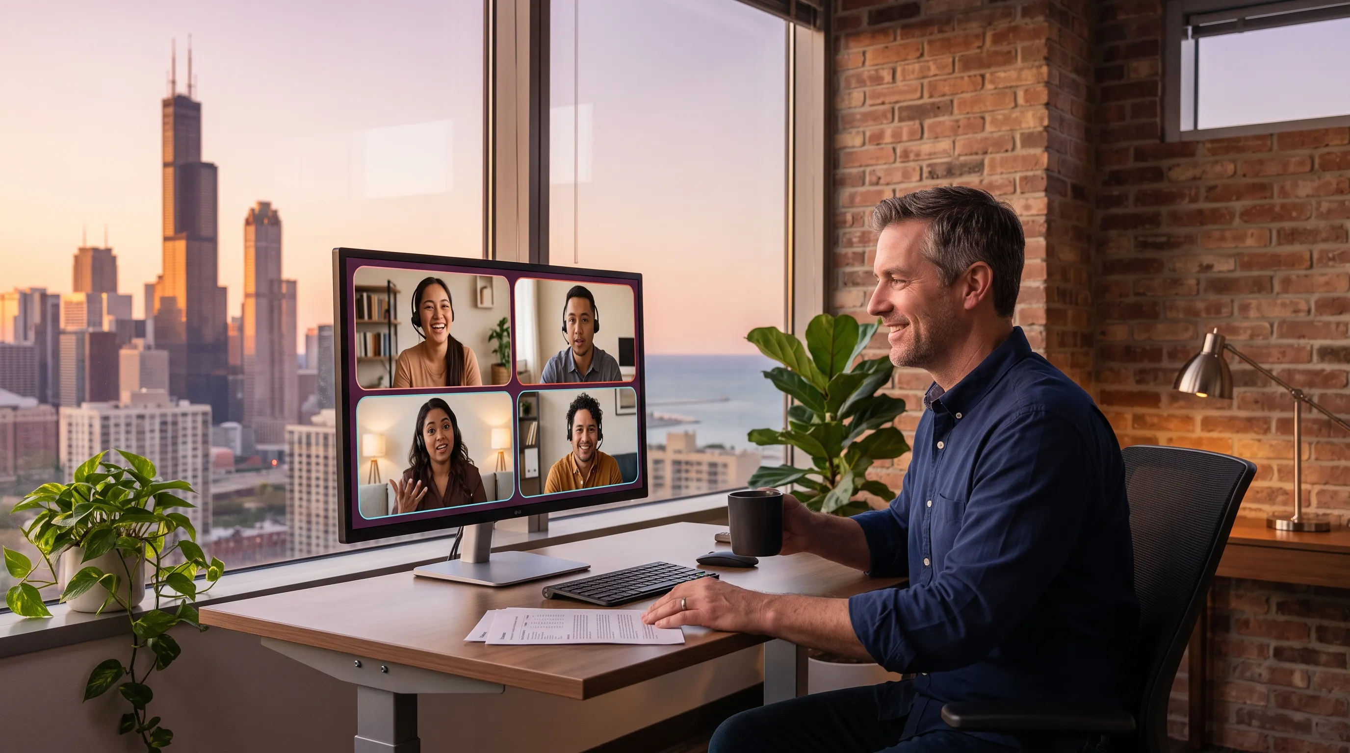 A US executive in a warmly graded late-afternoon office holds a video call with four dynamic, individually distinct Filipino customer service agents shown on his monitor.