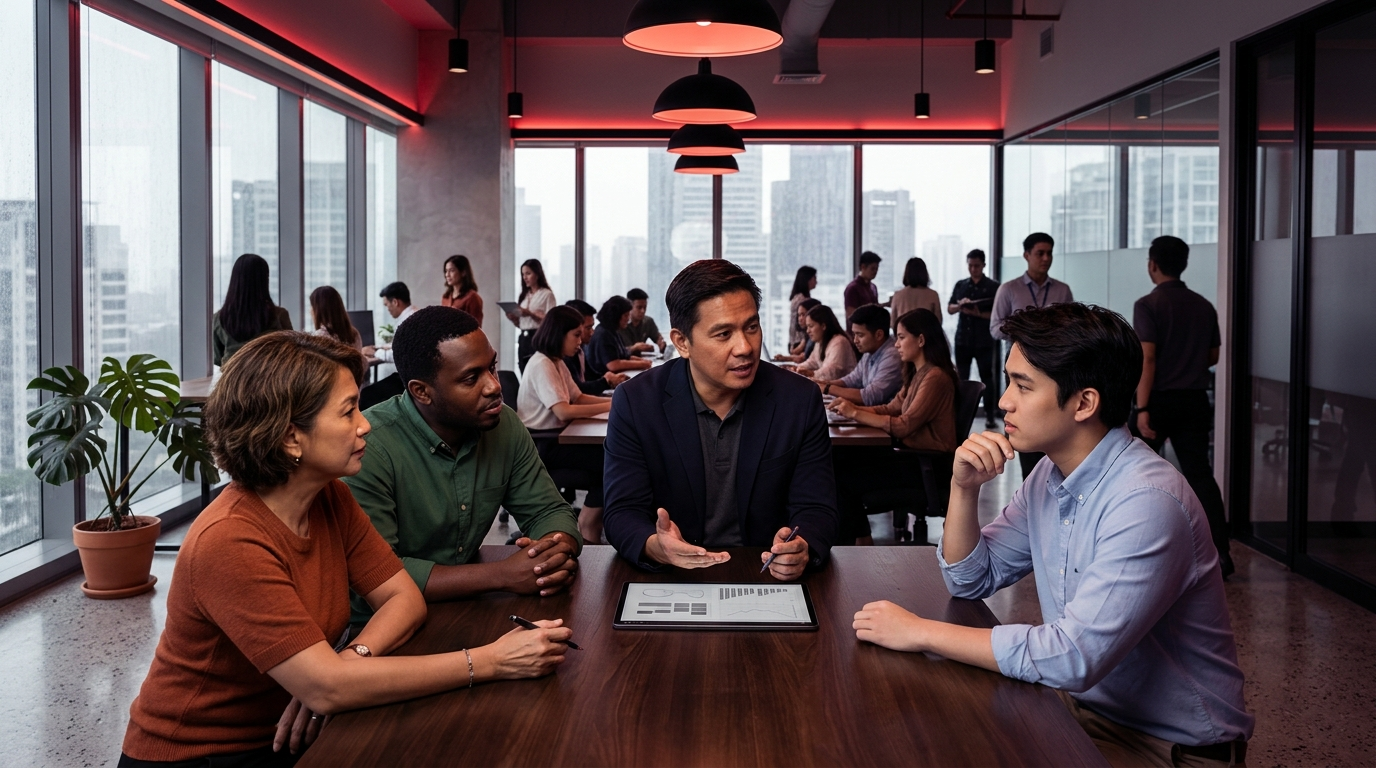 A team of four diverse professionals discussing offshore outsourcing strategies in a high-rise Manila office with high-contrast cinematic red and purple accent lighting.