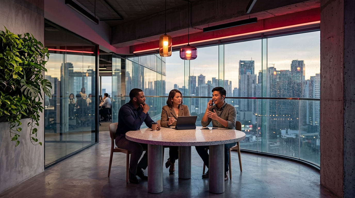 A team of diverse customer service executives in a dusk-lit BGC Manila high-rise office analyzing strategy around a terrazzo table with crimson-purple accent lighting.