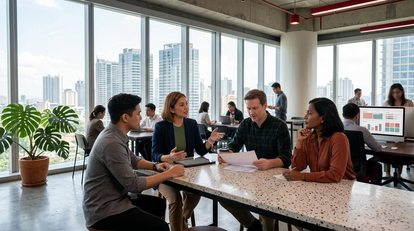A team of software development leaders discussing offshore strategy around a terrazzo desk in a bright, daylight-lit Ortigas high-rise office featuring crimson accent lighting.
