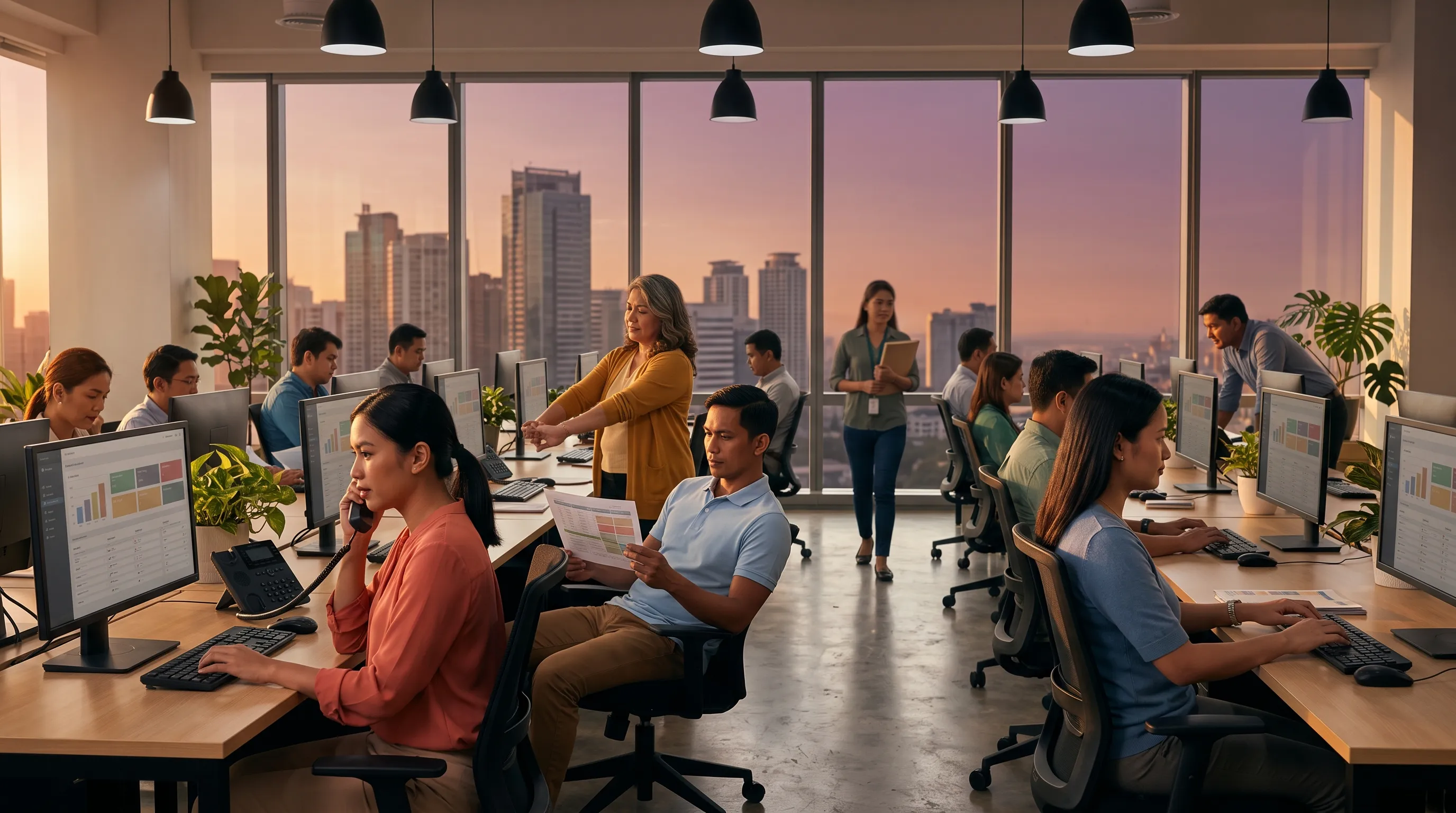 A candid look at Filipino offshore staff going about their real workday across an open-plan Manila office in the late afternoon.