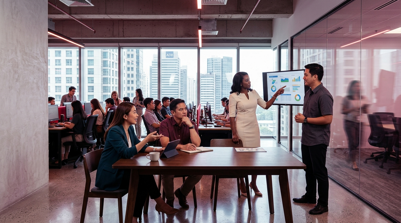 A diverse professional team manages global BPO operations in a high-rise office overlooking the Manila skyline. The scene highlights collaboration and client presentation, demonstrating the integration of onshore outsourcing teams within a corporate environment.