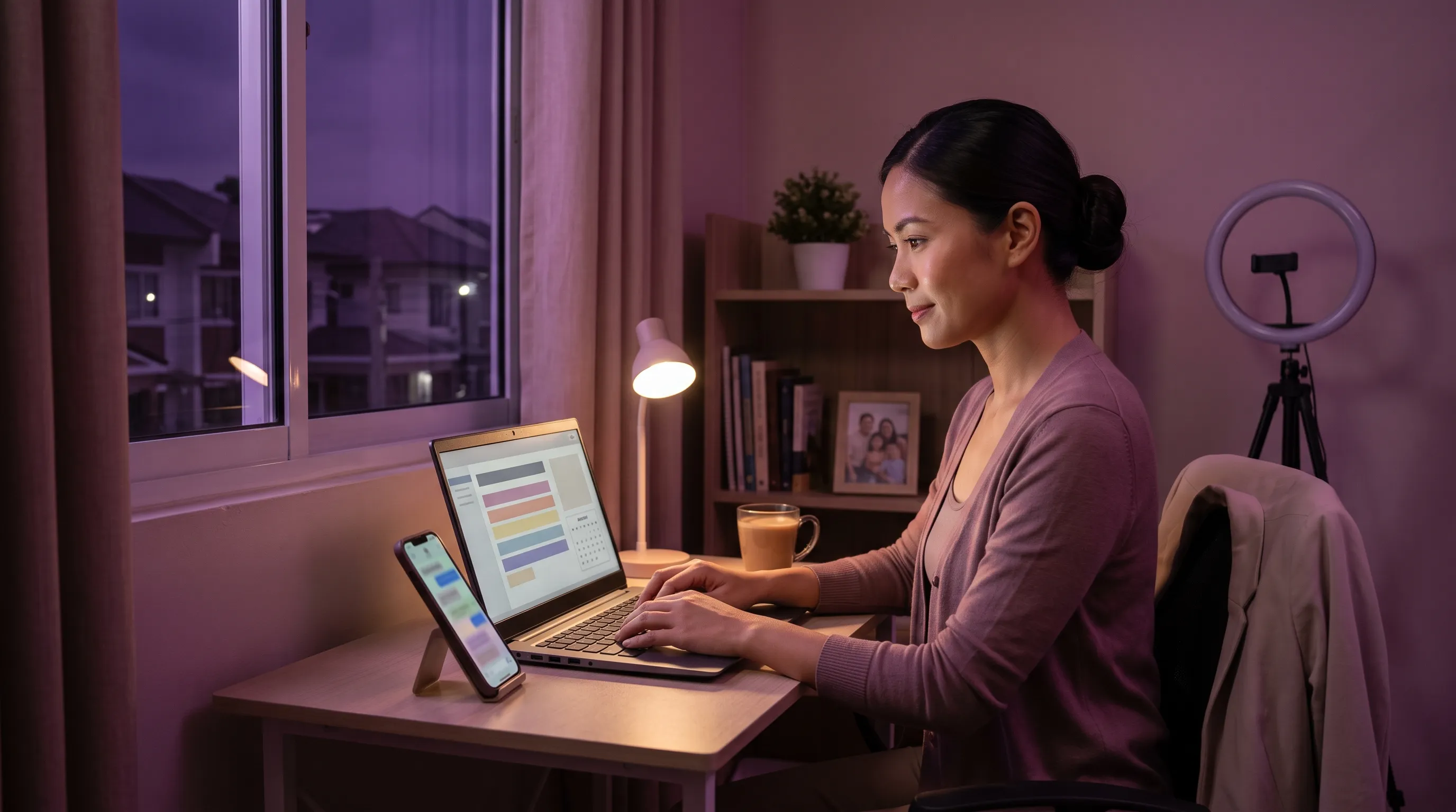 A Filipino virtual assistant, alert and composed, works from a home office desk at night under a moody crimson-and-violet cinematic cast.
