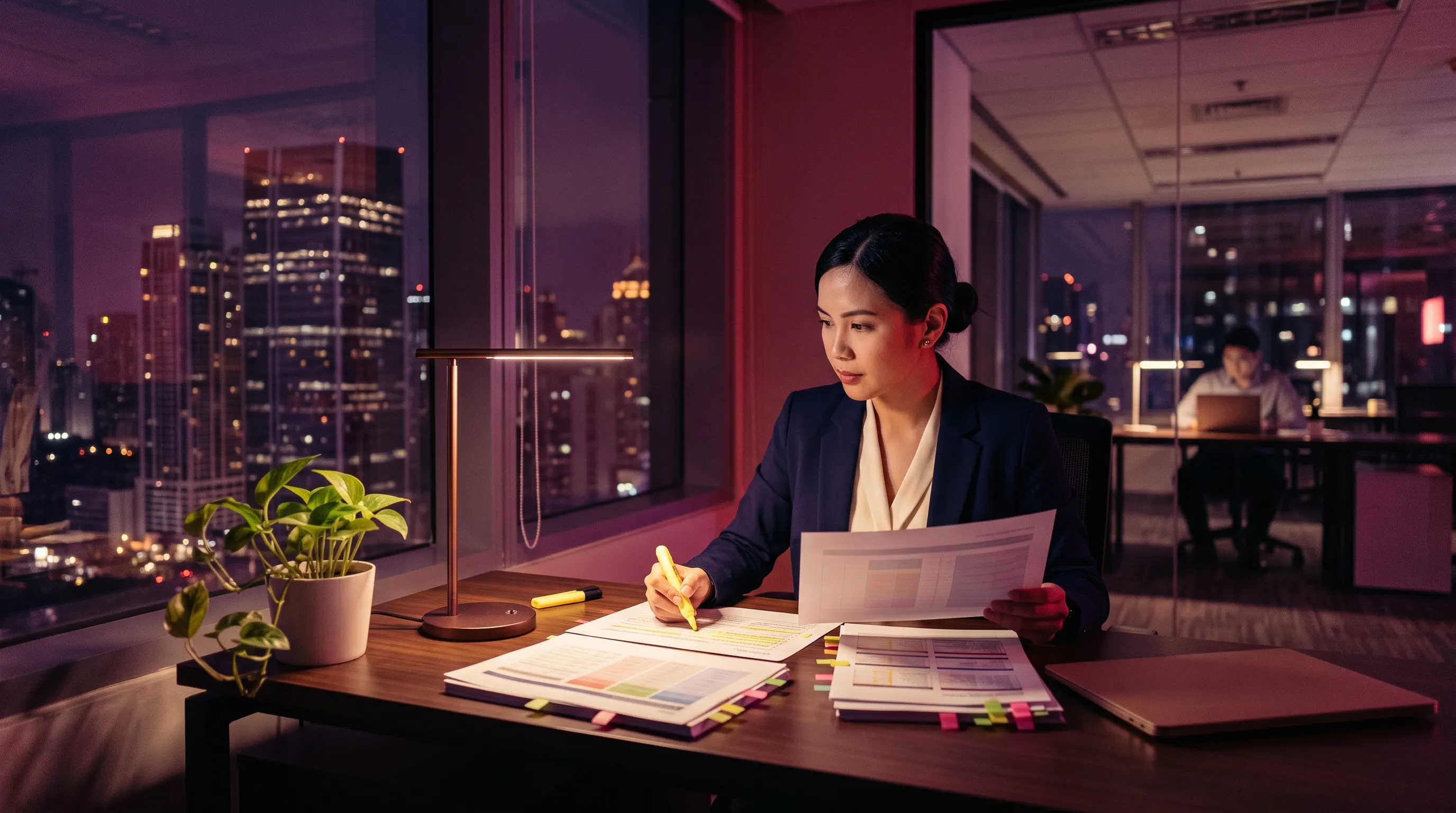 A legal document reviewer cross-references and highlights printed pages at her desk in a dim Manila office at night, illustrating a commonly outsourced legal process role.