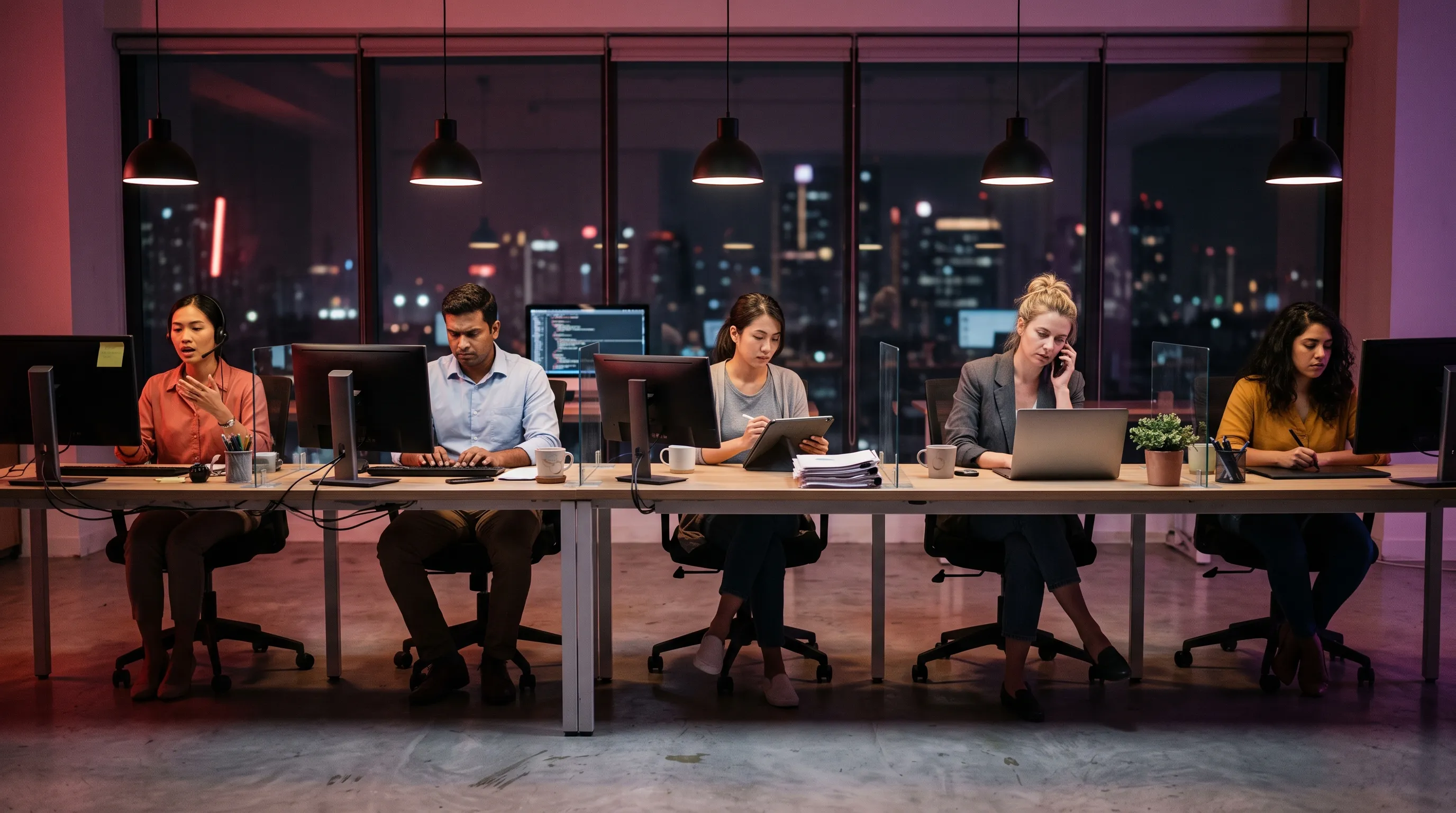 A candid front-on view of five offshore professionals from different low-cost outsourcing countries seated in a single row at night, each working independent