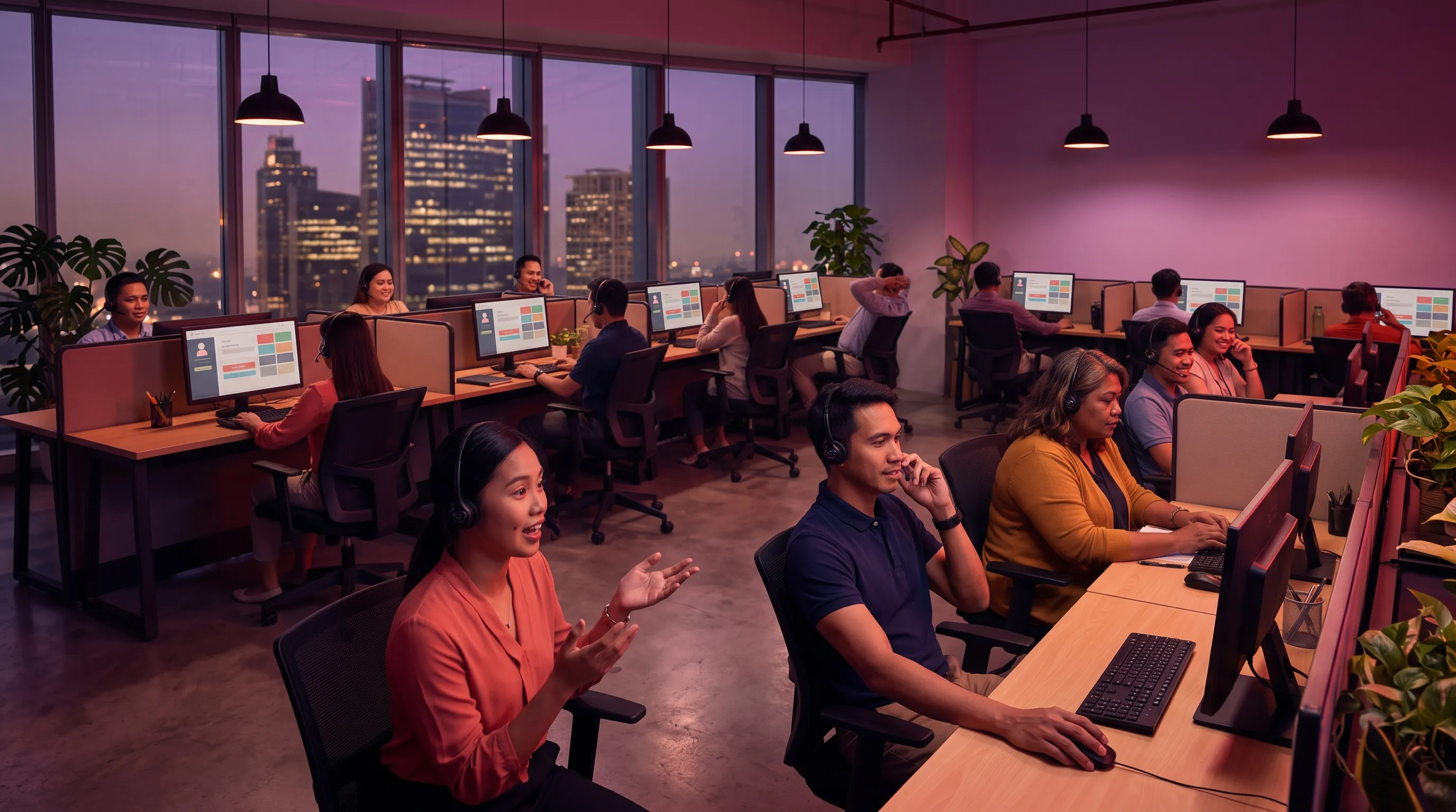 A bustling call center floor full of Filipino agents on headsets at a Manila office at night, illustrating the scale of the Philippines' BPO industry.