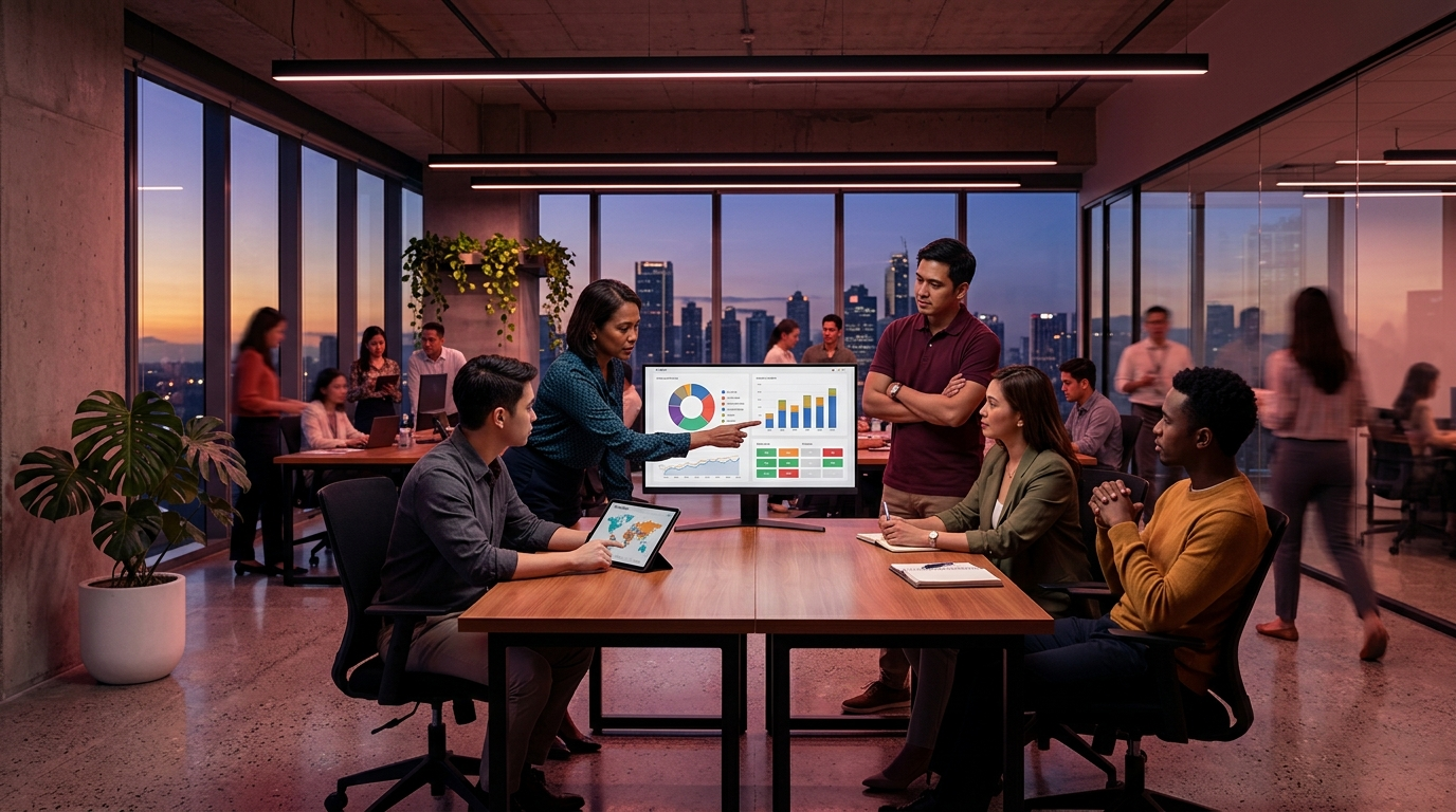 A Filipino BPO data analysis team reviews global industry breakdown charts for the 'Who's Outsourcing in 2025' blog, pointing at charts in a Metro Manila office.