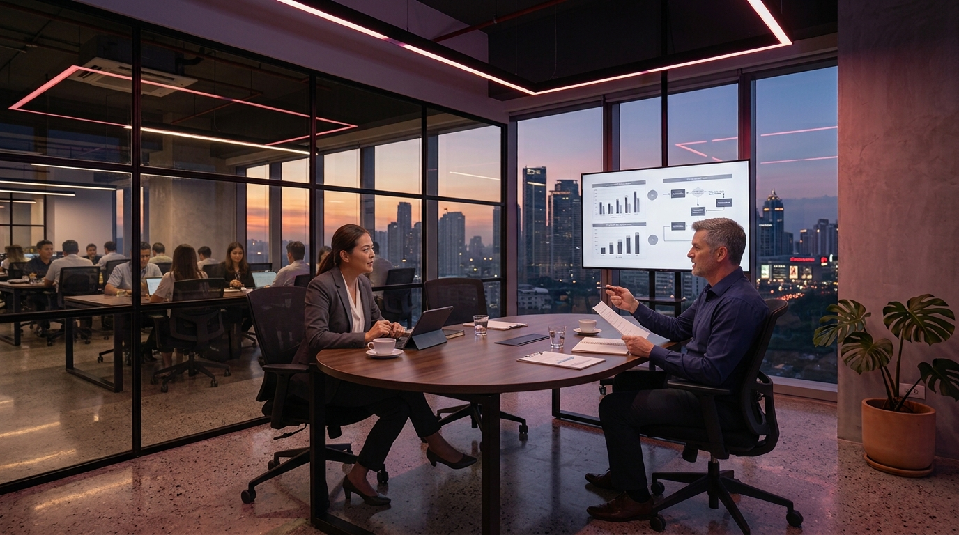An Asian businesswoman and a Caucasian businessman discuss BPO vs KPO strategies during a modern high-rise meeting. The KPO presentation screen details complex process maps while background employees manage BPO operations behind a glass partition.
