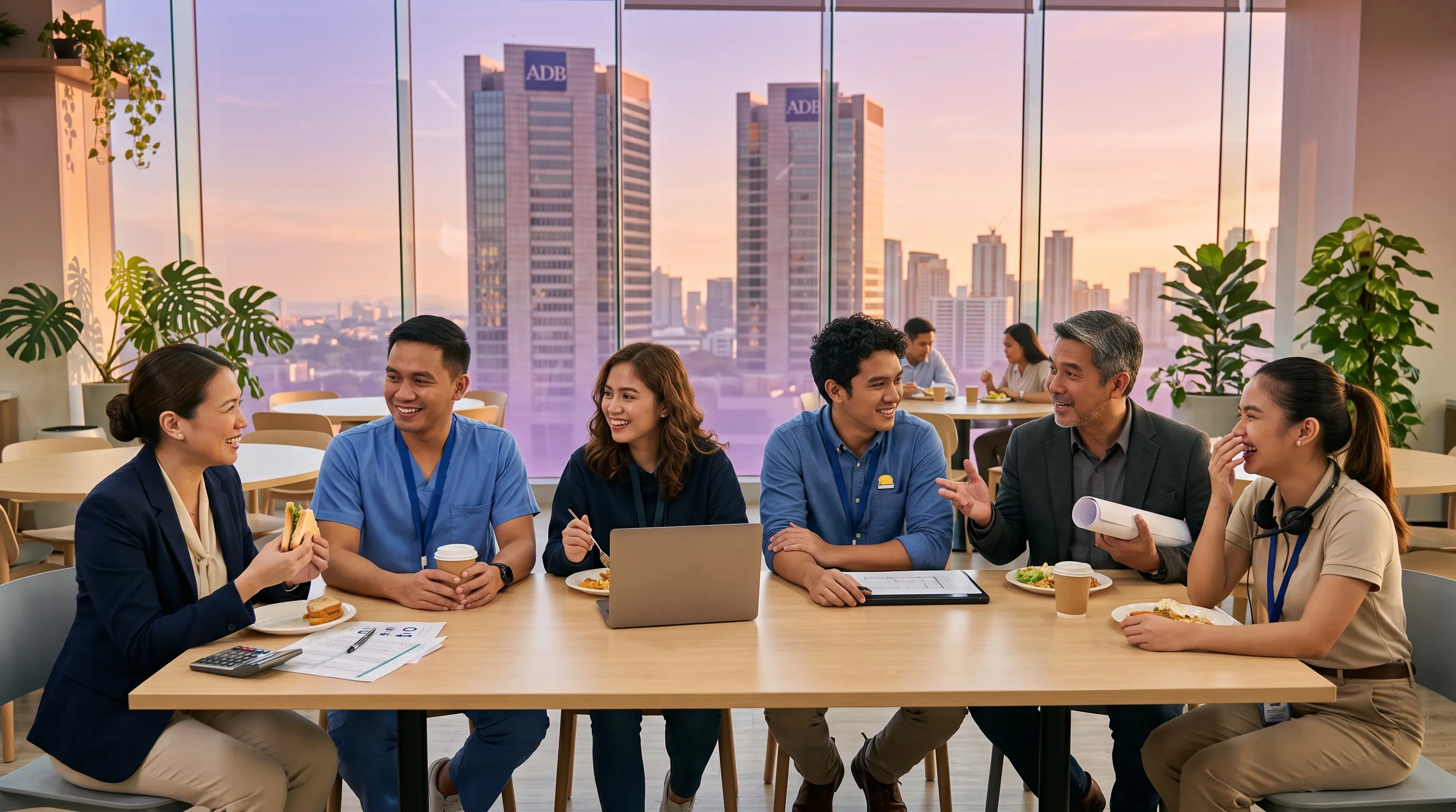 Six offshore professionals from different industries share a lunch conversation across a long table in a Manila office cafeteria, under a visibly warm crimson-and-violet afternoon sky.