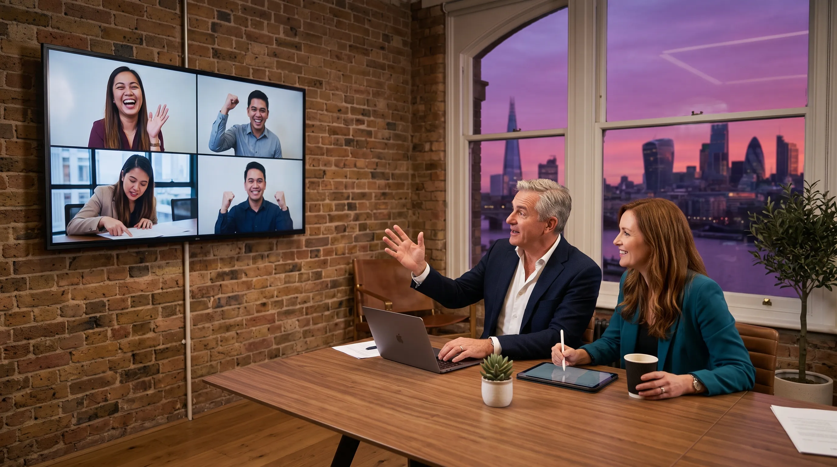 Two British executives, both turned toward a wall screen, engage animatedly with their offshore team on a video call, a bold crimson-violet dusk visible through the window beside them.